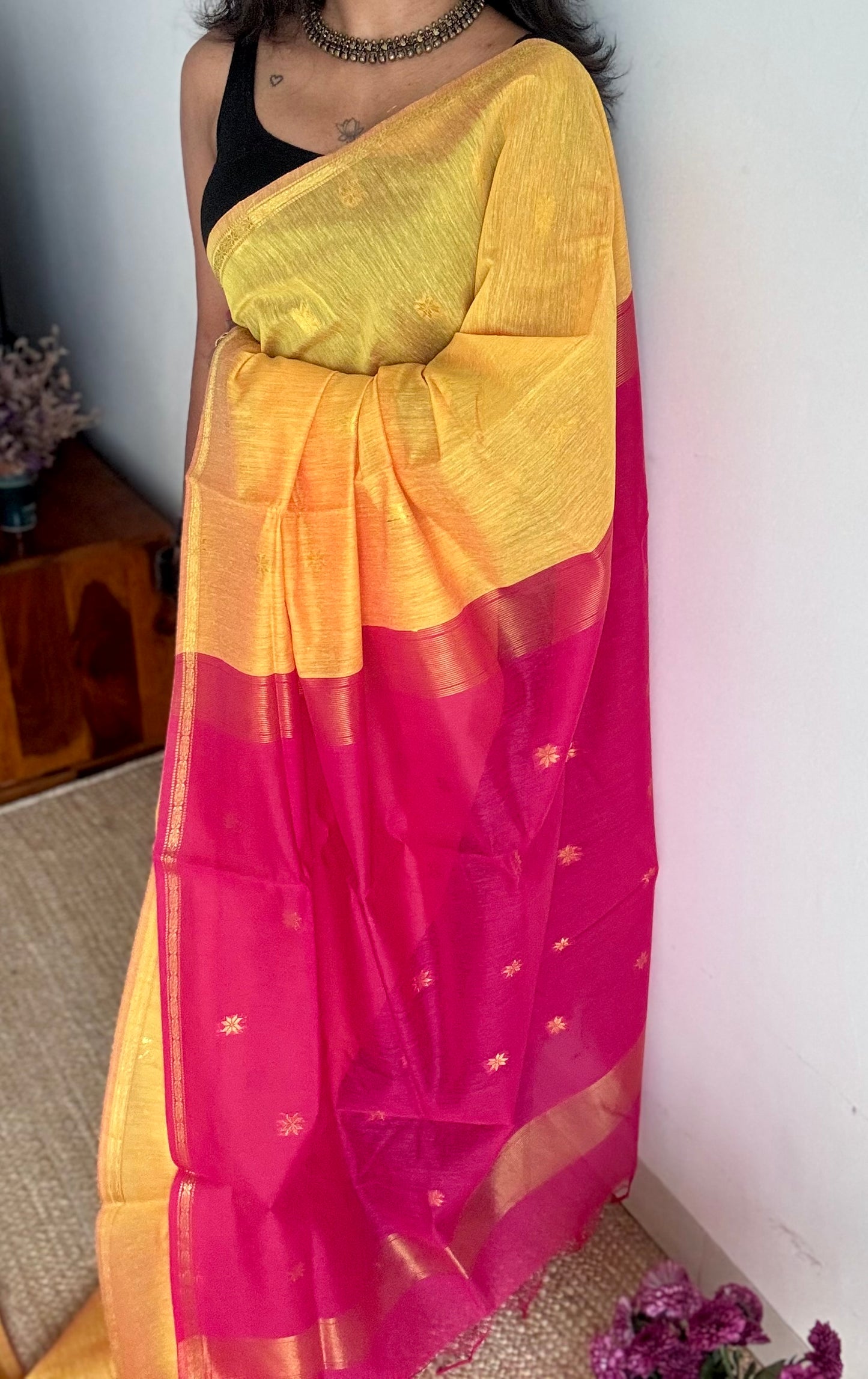 Yellow with pink, gold buttas, semi maheshwari cotton silk - YCCOTNFEJUSM08