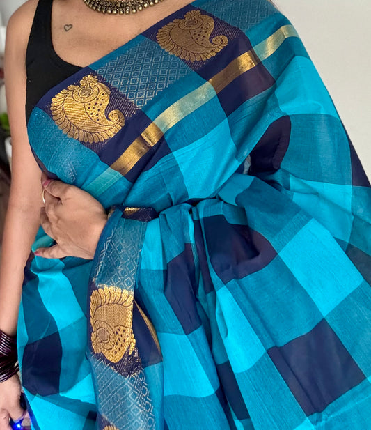 Chettinad cotton saree with sky blue and navy checks, paisley motif border - YCCOTNAP62