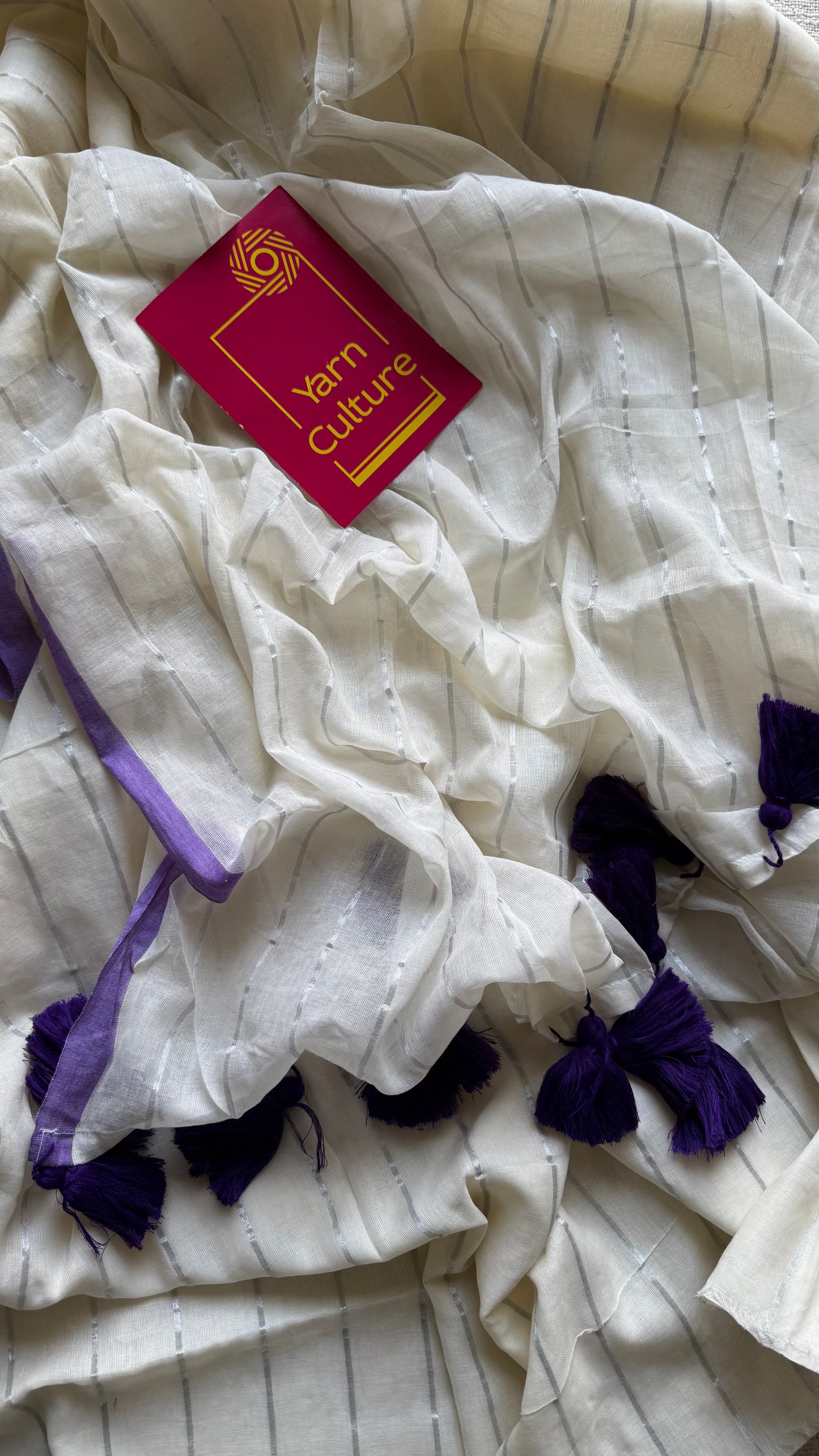 Ivory mul saree with silver zari stripes and purple border - YCBCMCFE288