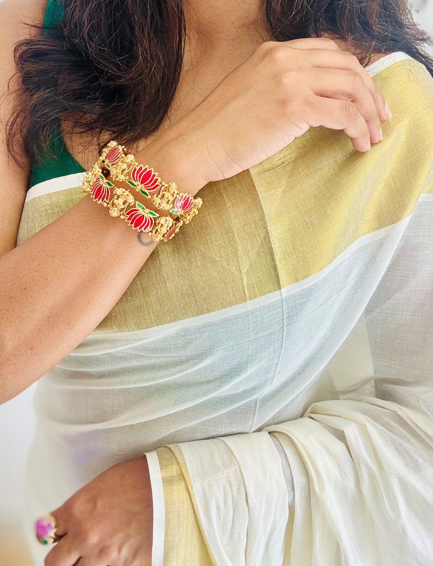 Dark pink with green lotus bangles (set of 2) - YCAGBG98