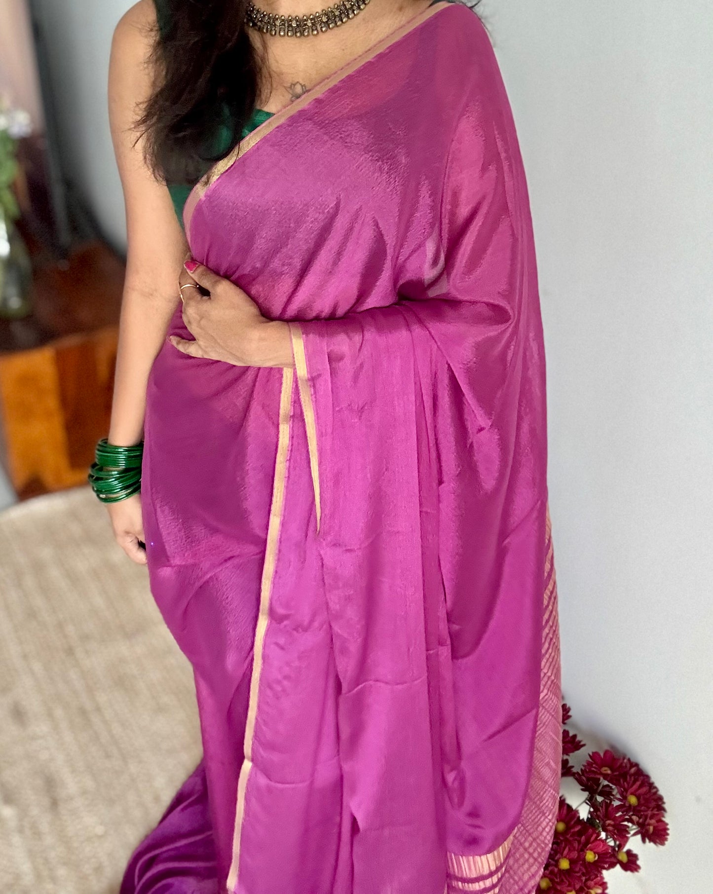 Dusty pink chiffon with thin gold zari border - YCDESE22