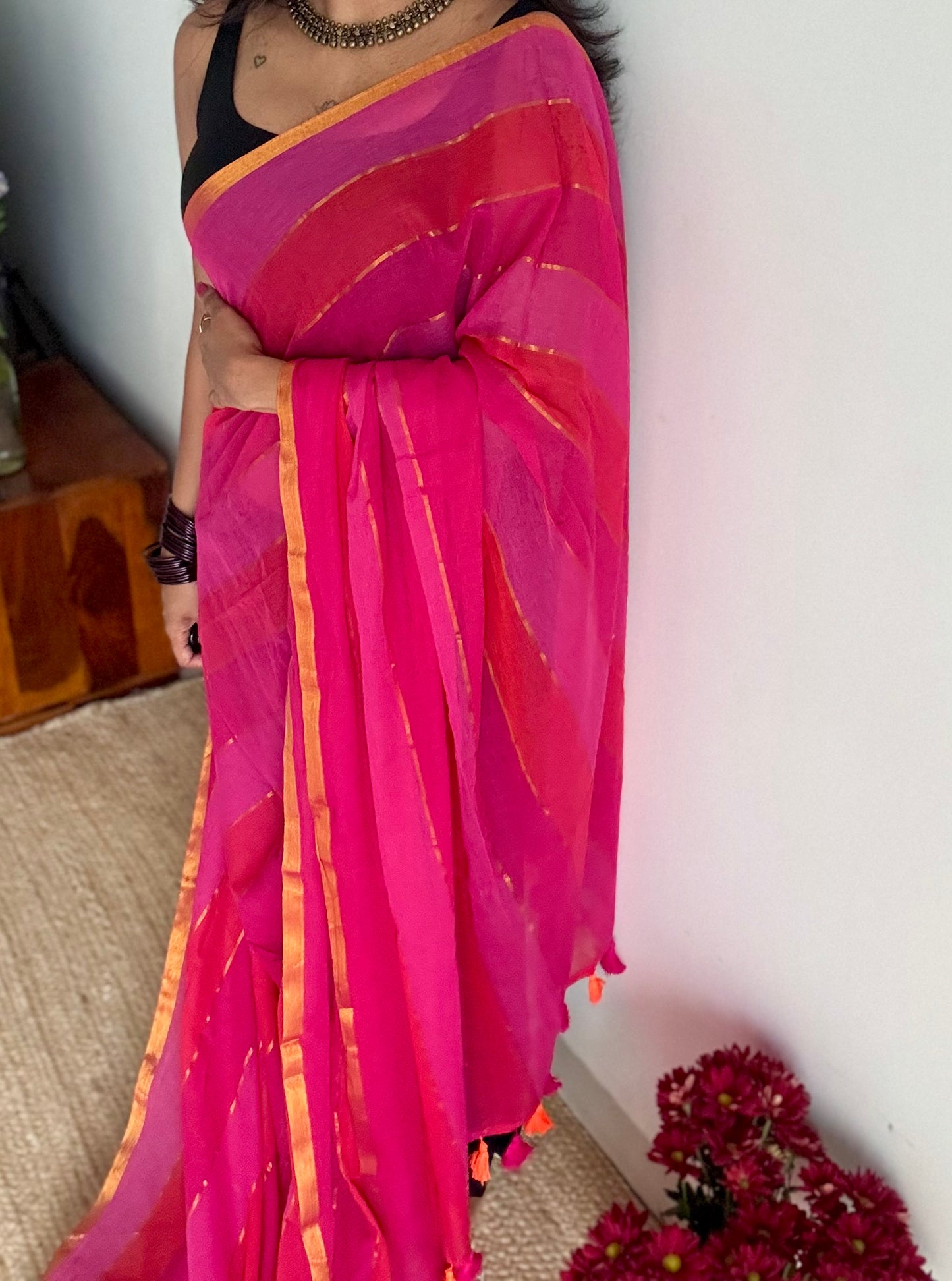 Orange and pink mul with gold multicoloured broad stripes - YCBCMCLSE48