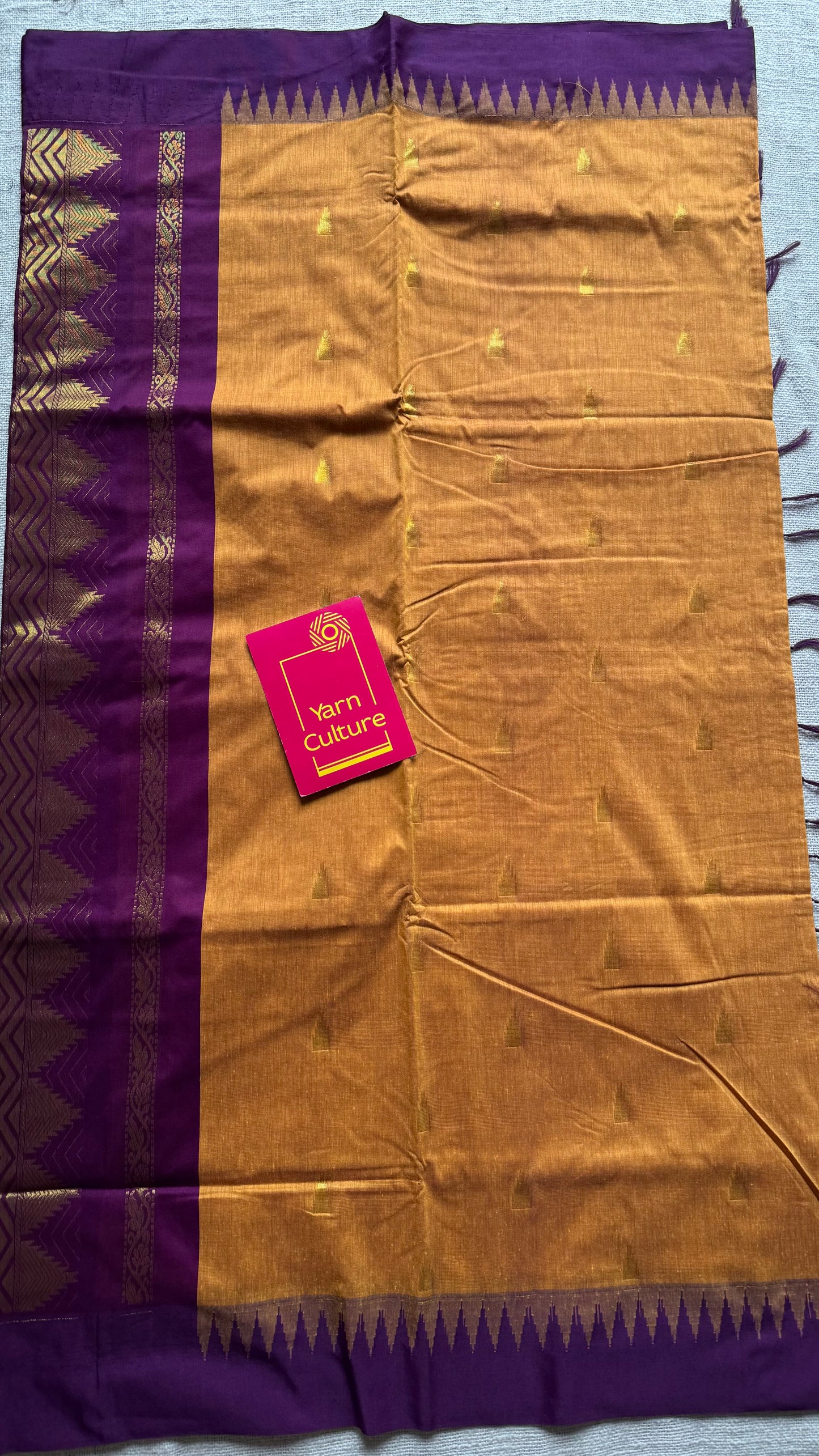 Yellow with purple pink temple border, motifs - cotton silk - YCCOTNSEKCS17