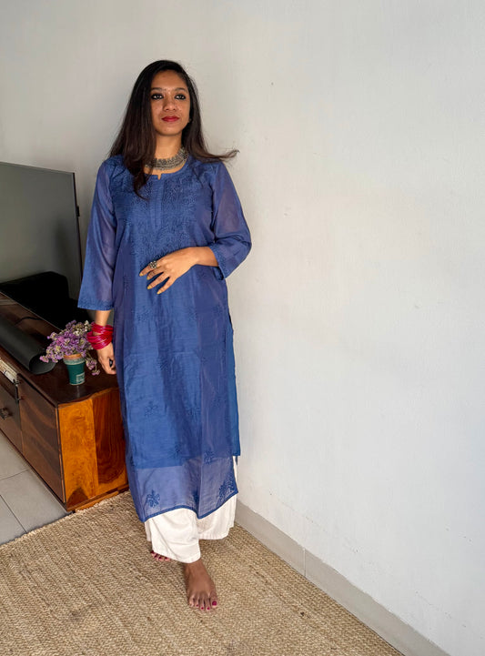 Blue muslin chanderi chikankari with bakhiya work, stitched kurta, round neck, three fourth sleeves - YCSECKJA140