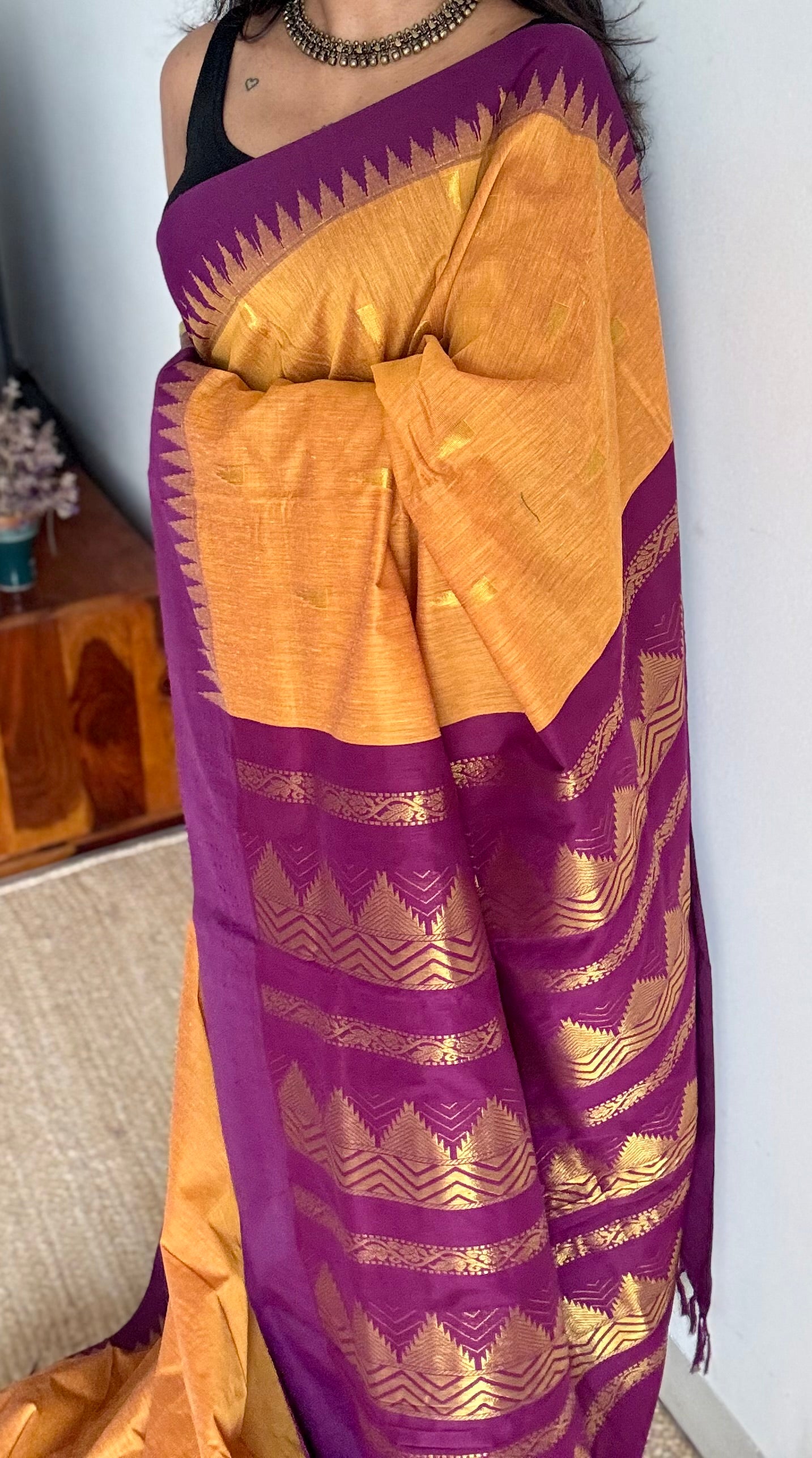 Yellow with purple pink temple border, motifs - cotton silk - YCCOTNSEKCS17