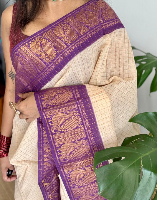 Ivory with purple contrast zari checkered sungudi, kattuchayam dyed madurai cotton - YCIEON95