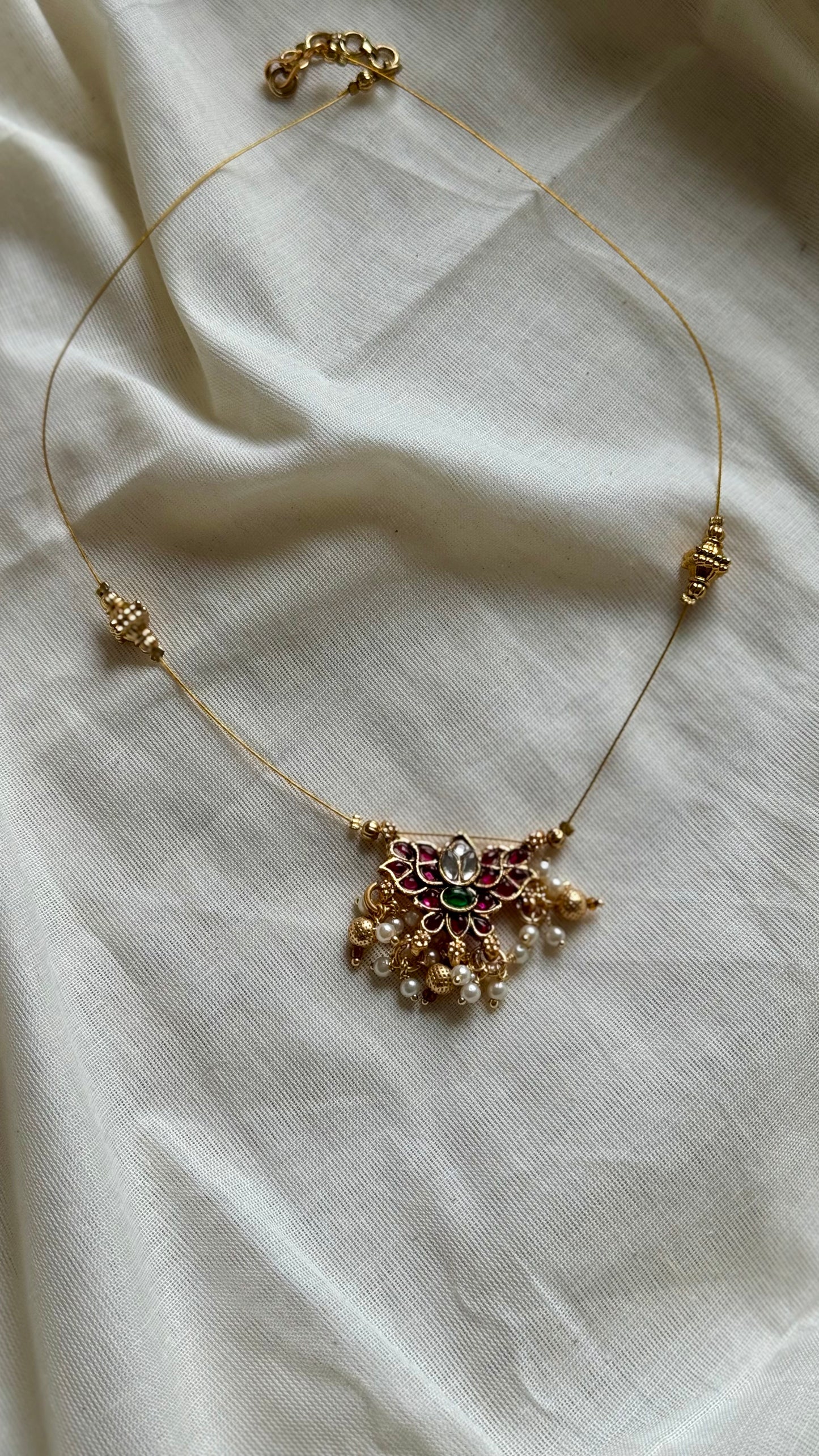 Jadau kundan lotus pendant with bead drops in invisible chain - YCAGC174