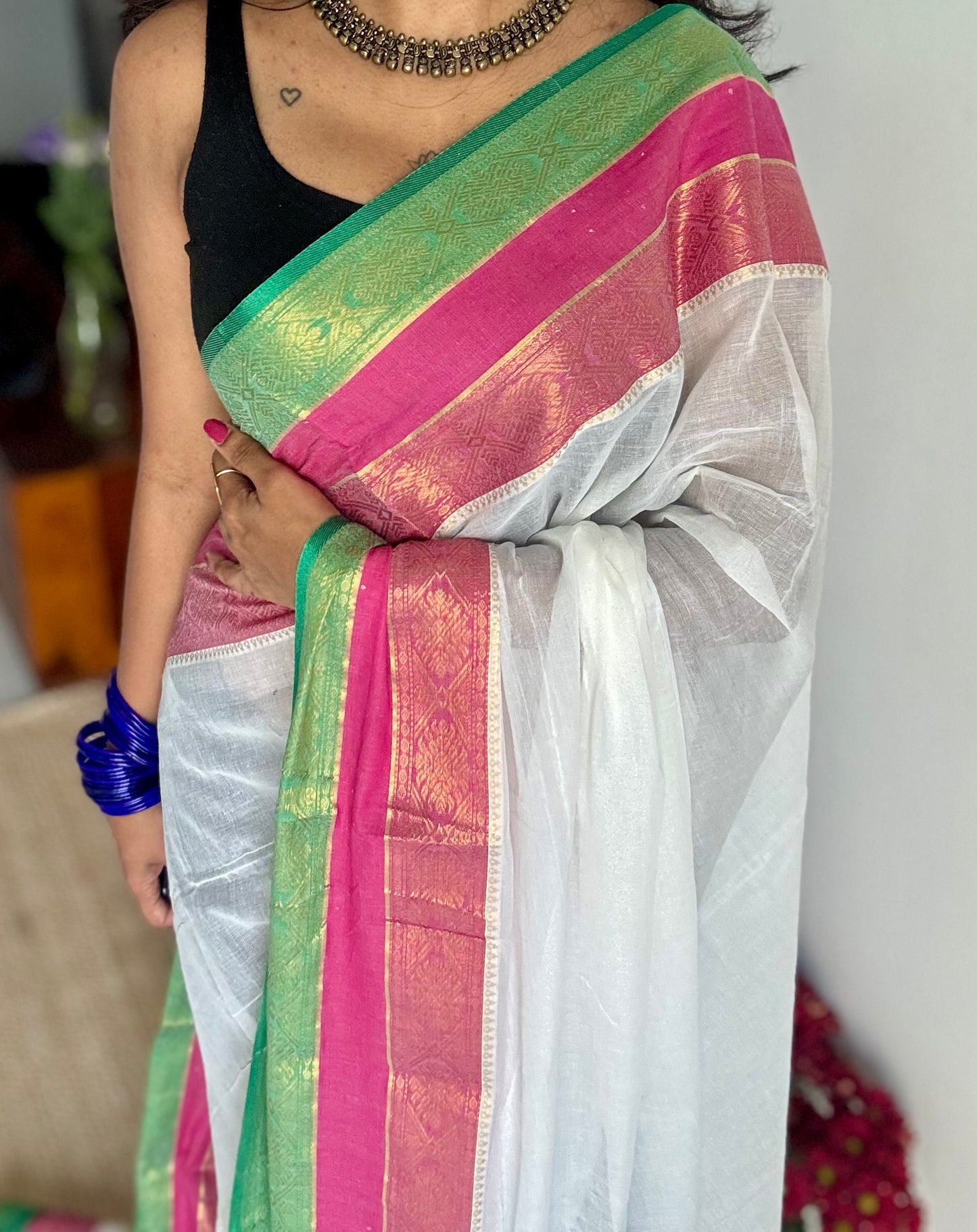 White mul with hot pink, green zari patterned border - YCBCMCLSE46