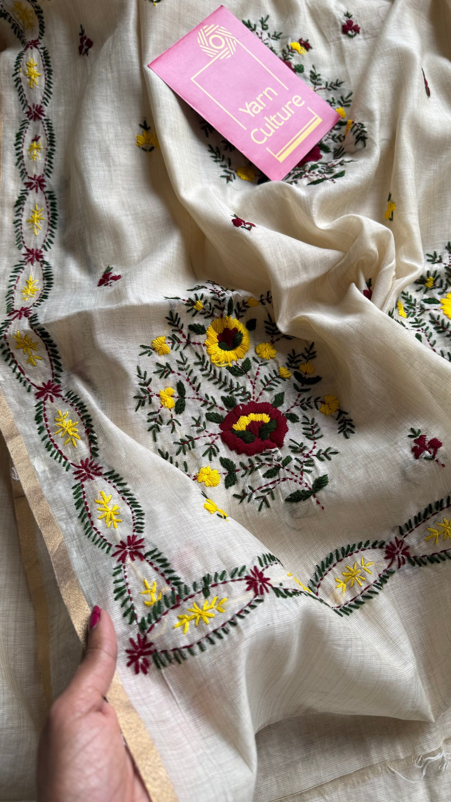 Ivory maheshwari cotton silk blend with yellow and maroon floral kantha threadwork - YCBLJULMK07