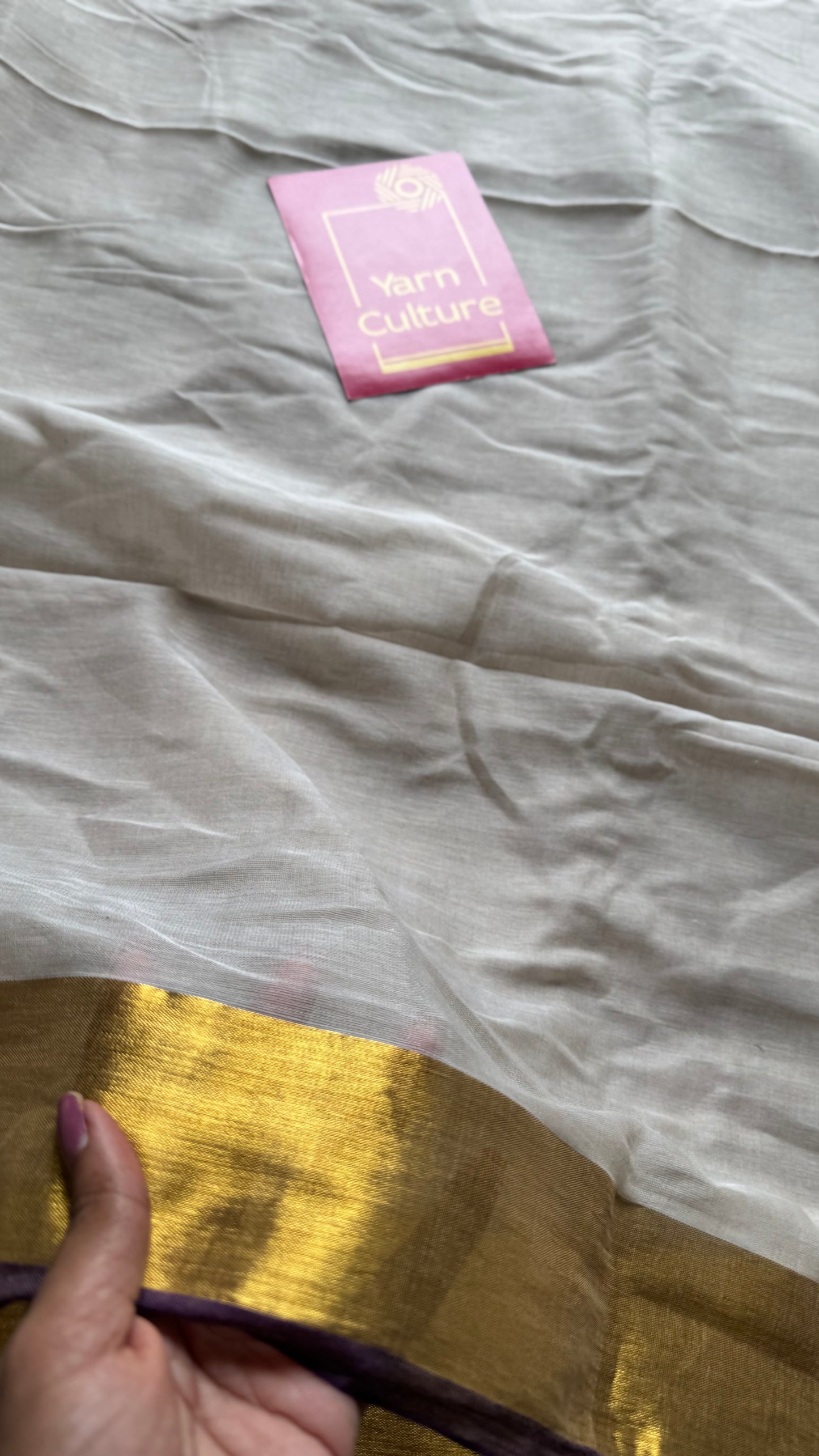 Greyish ivory with violet and gold zari border, mul cotton - YCONBCM221