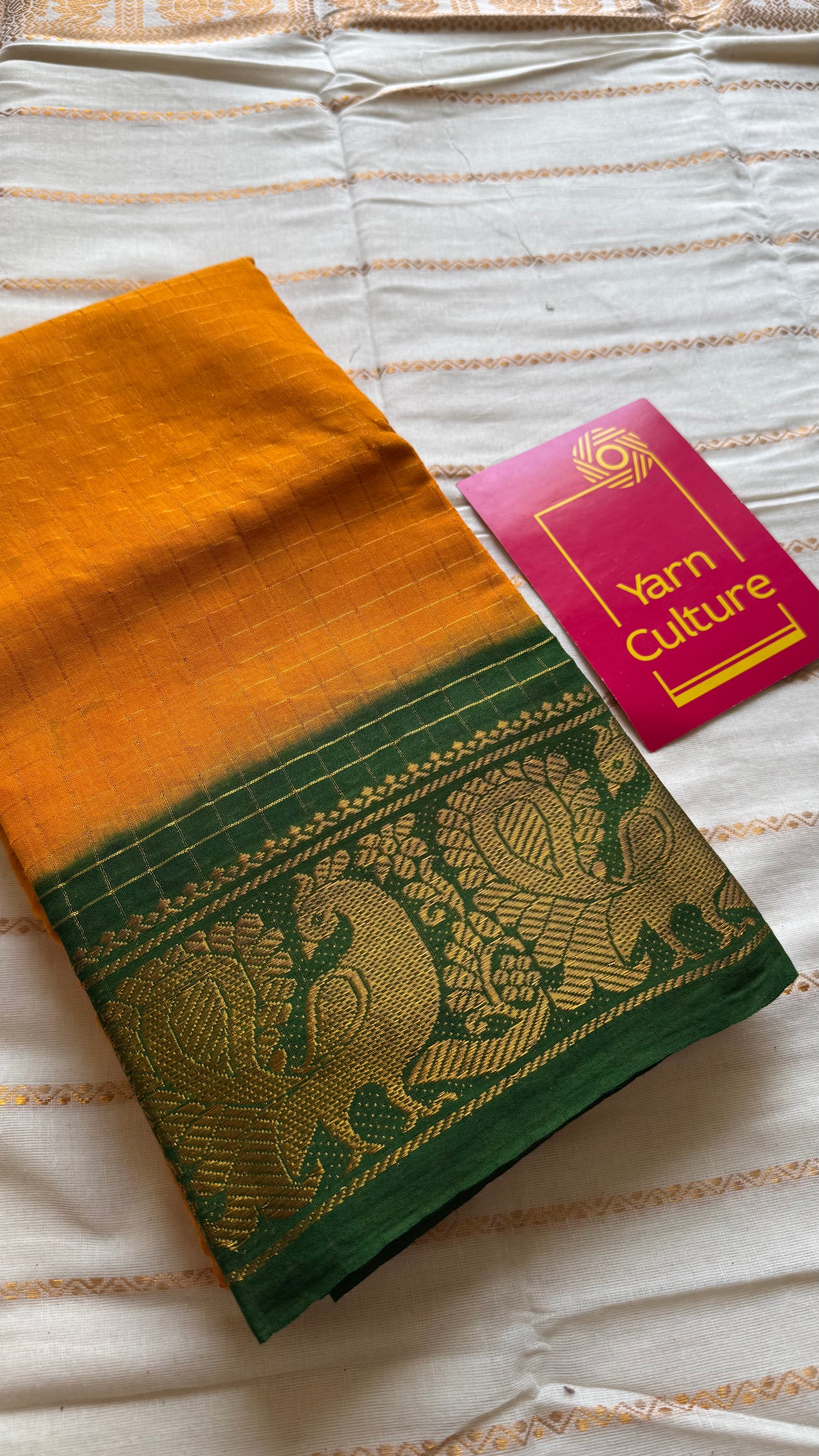 Mango yellow with green contrast zari checkered sungudi, kattuchayam dyed madurai cotton - YCCOTNMSAP181