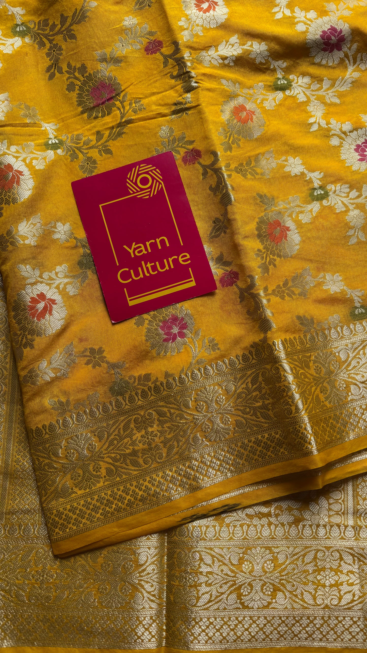 Yellow meenakari floral pattern in silver zari, Banarasi katan dupion silk - YCDESE11