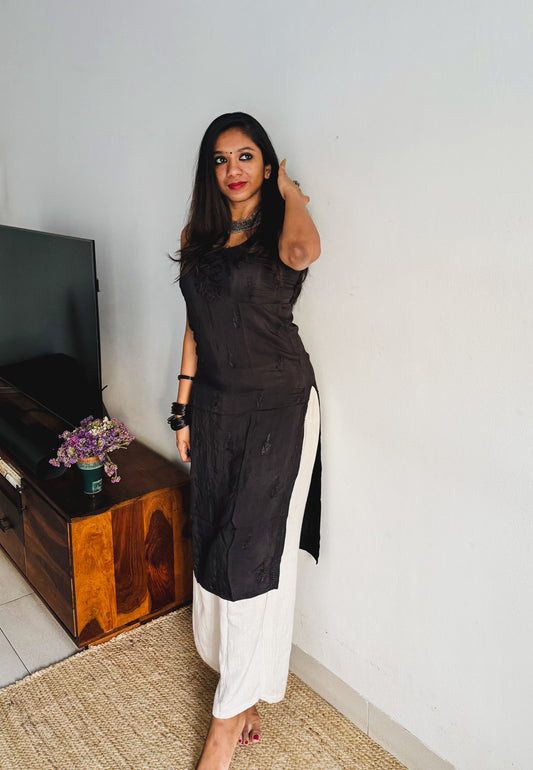 Black muslin chikankari with bakhiya work, stitched kurta, round neck, sleeveless - YCSECKJA165