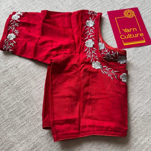 Red cotton silk with silver floral emboridery, size 36 (alterable from 34-40), readymade blouse - YCBLAU01