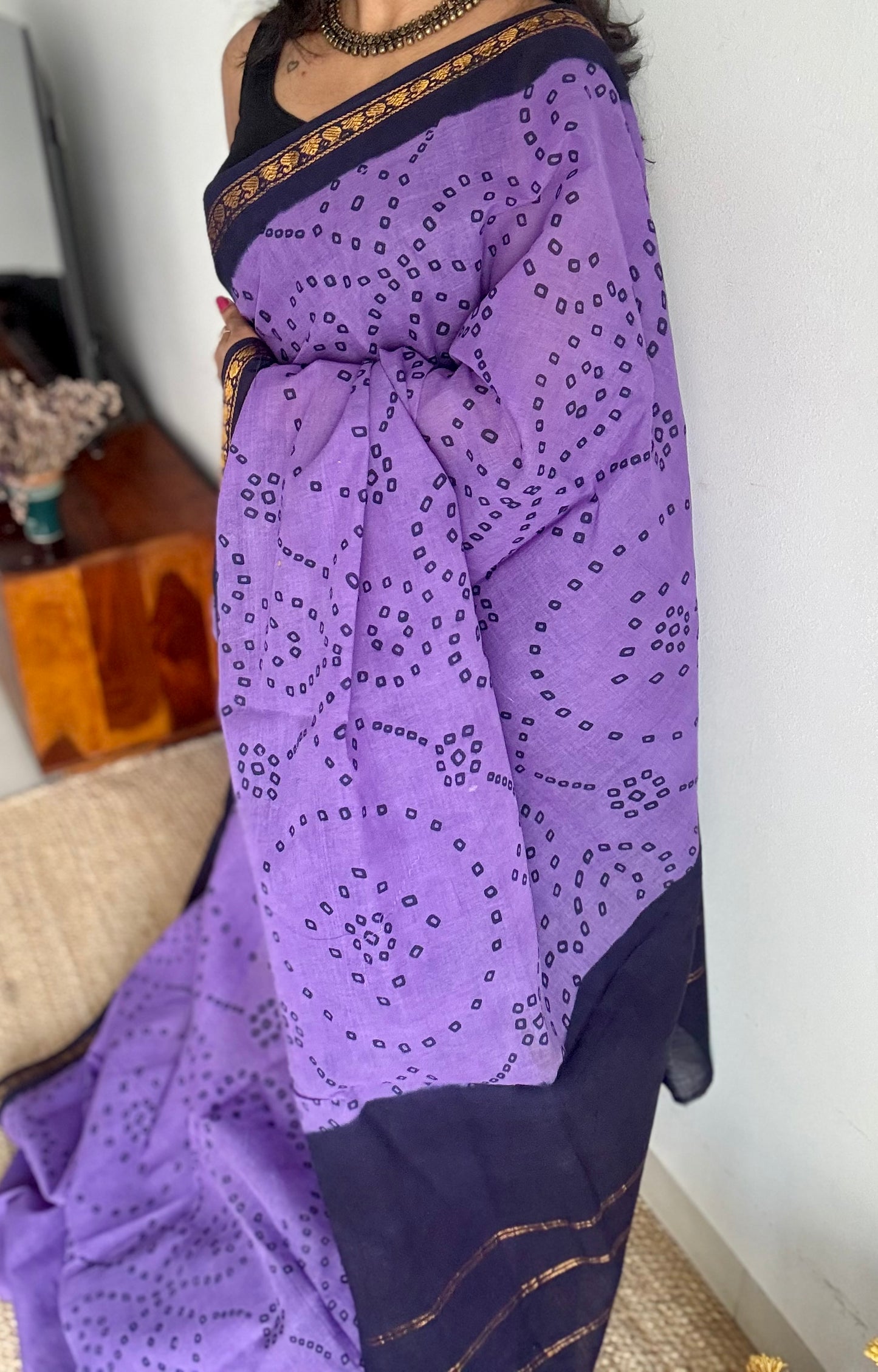 Purple with dark blue, printed sungudi, madurai cotton - YCCOTNOCSC17