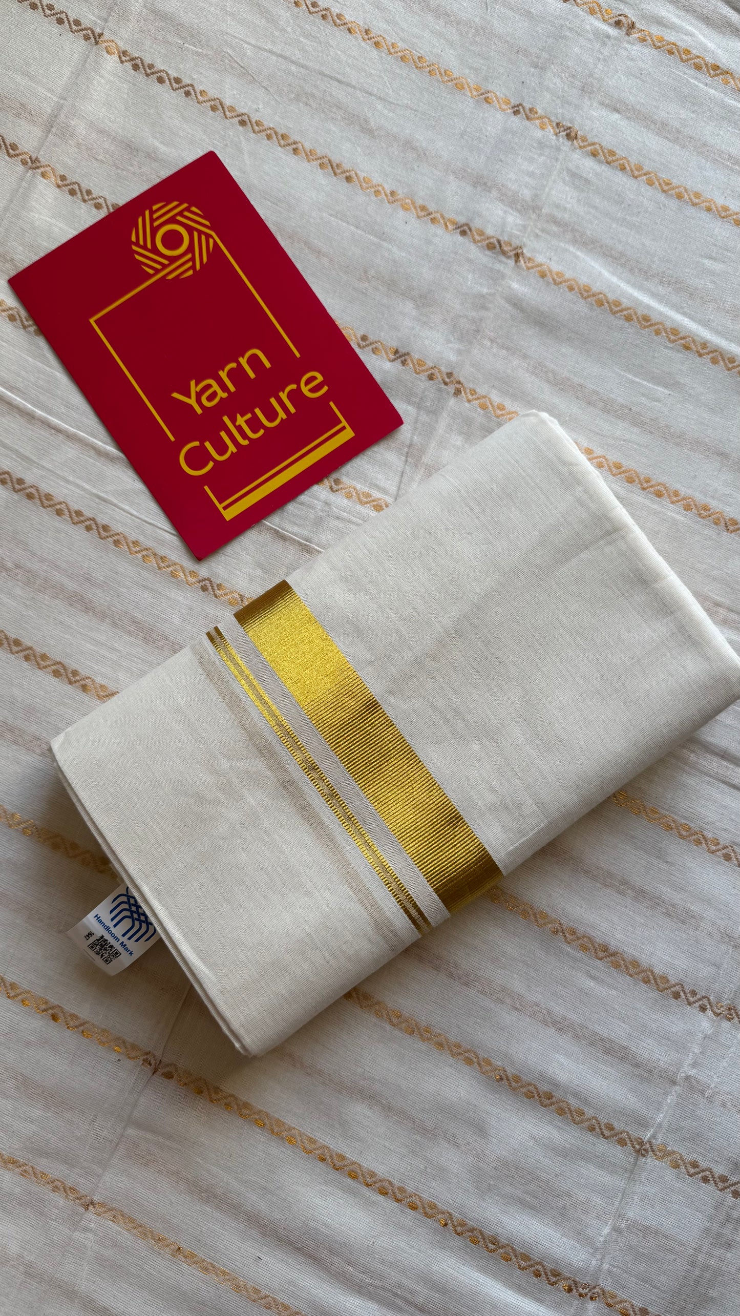 Ivory Chendamangalam Handloom Double Mundu with Gold Kasavu Kara | Soft Cotton Men's Dhoti - YCMSEIE178