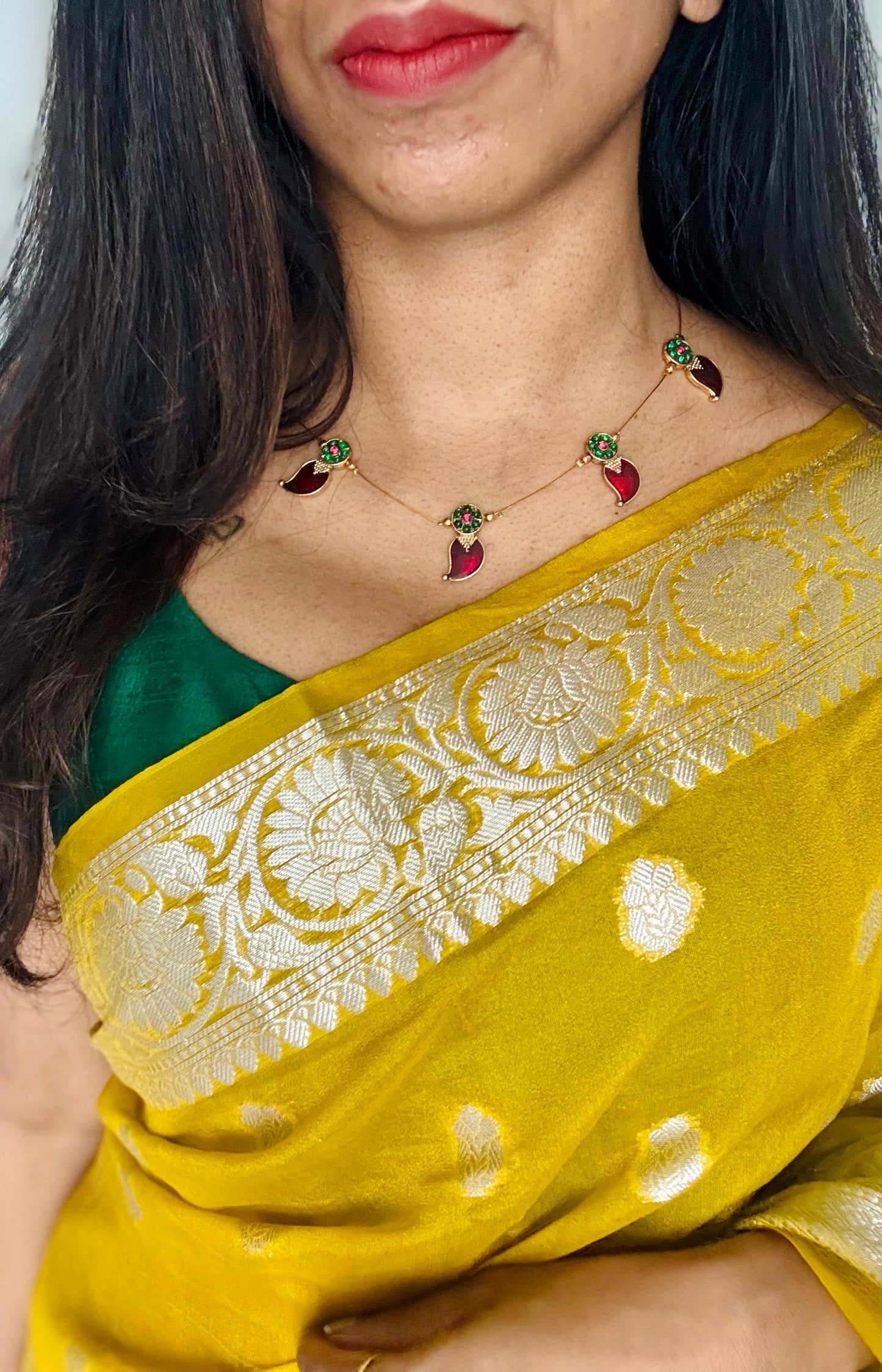 Invisible chain with red mango palakka pendants with earrings - YCGPNP462