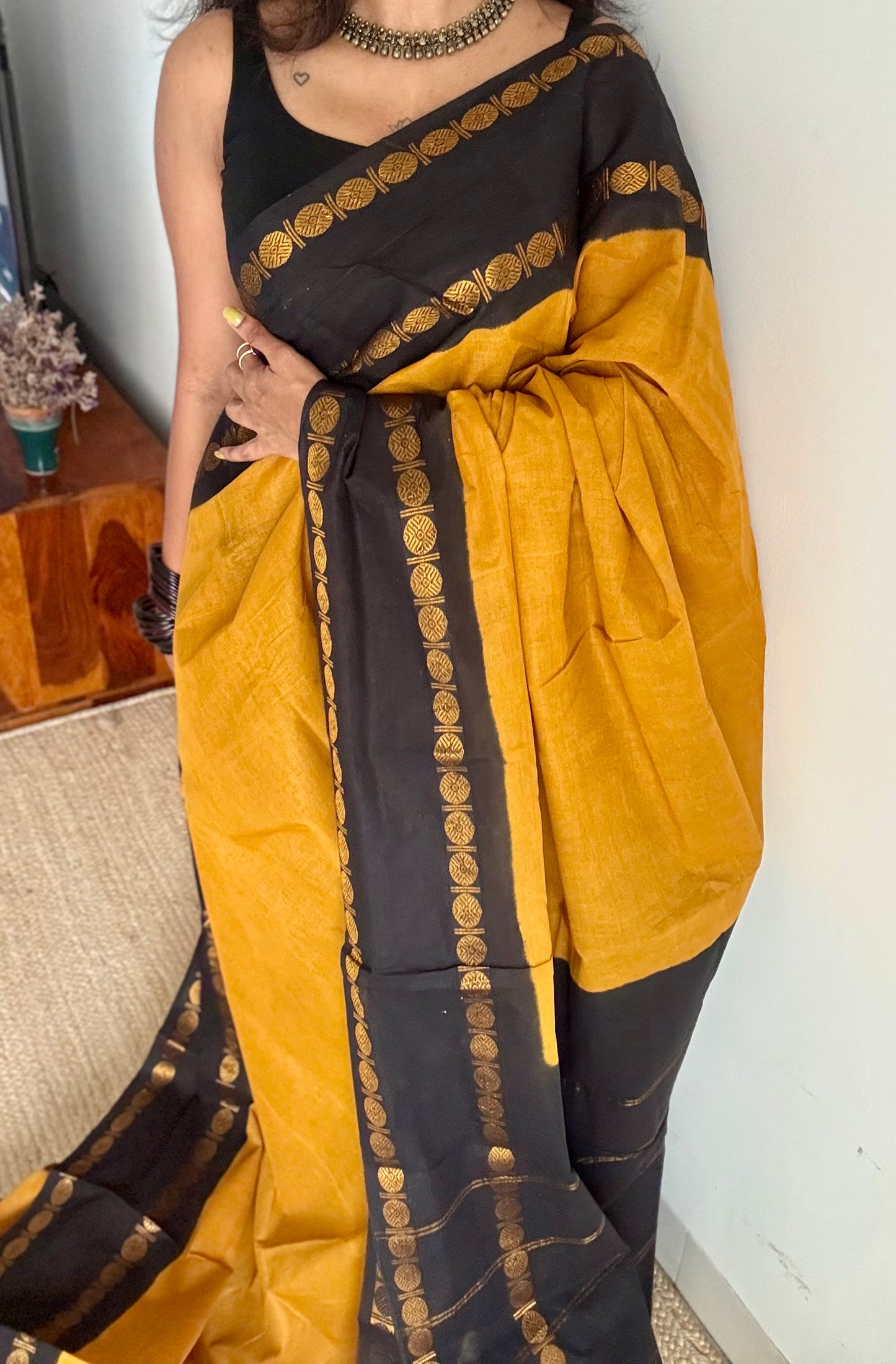 Turmeric yellow with black rudraksham motif border - YCCOTNSEMS53