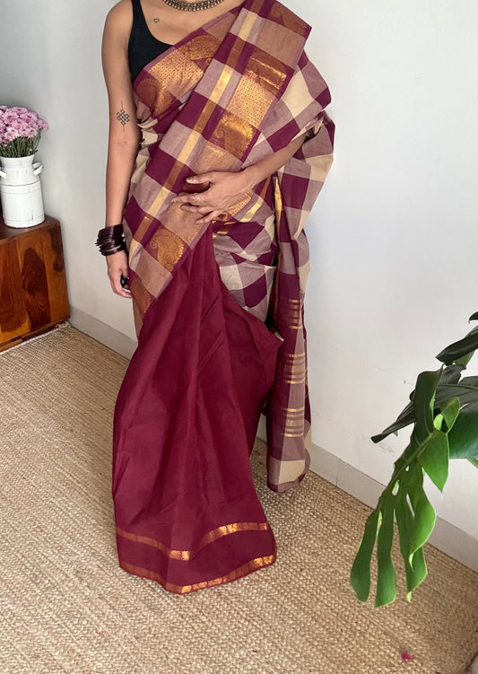 Multicoloured checks with maroon, cotton half and half saree - YCCOTNIDOC127