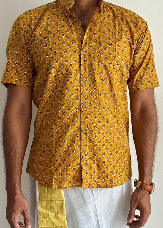 Turmeric Yellow Floral Motif Block Printed Cotton Men's Half Sleeve Mandarin Collar Kurta Shirt - YCMSEIE193
