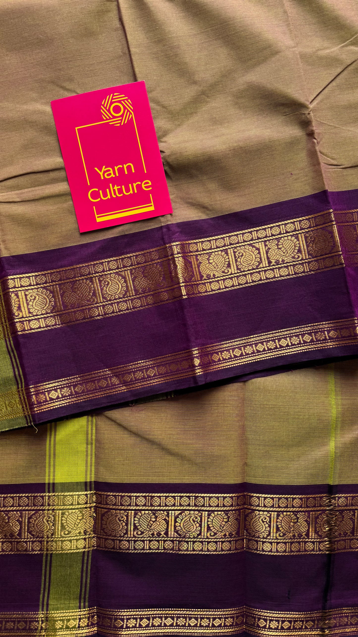 Pale taupe dual tone with dark purple contrast border, kanchi cotton - YCCOTNOCCC05