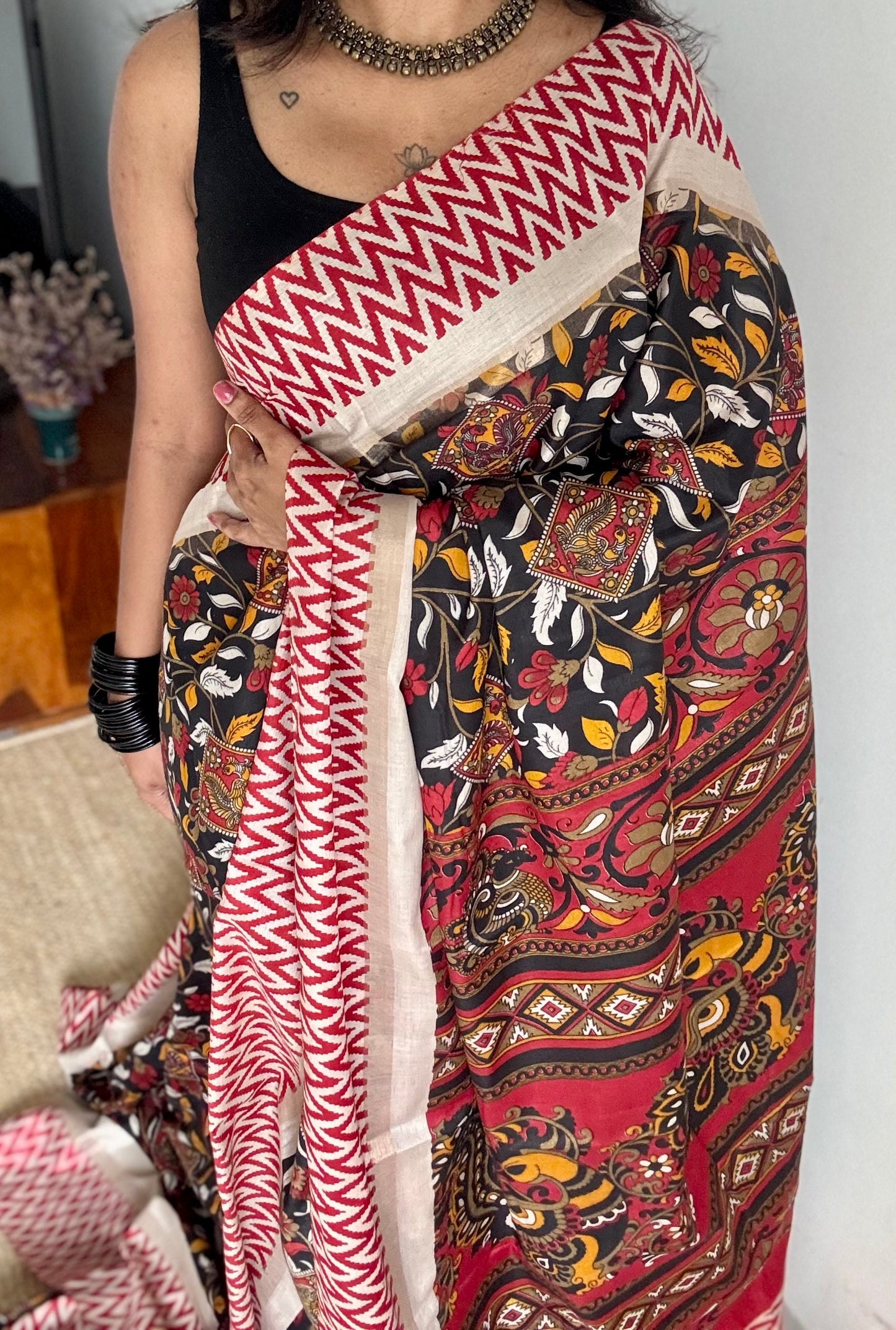 Black and red, printed kalamkari, semi-tussar - YCWOTDSTK02