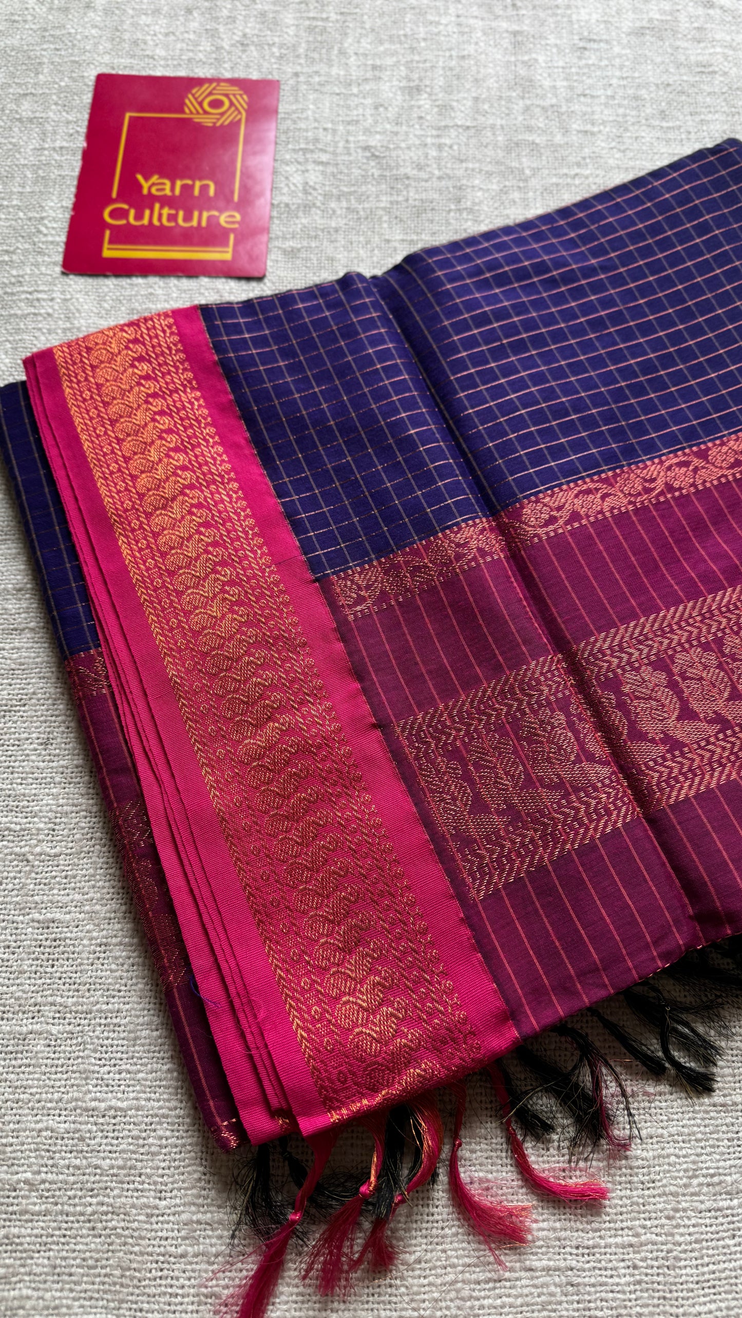 Navy blue with pink, checks - cotton silk - YCCOTNSEKCS13