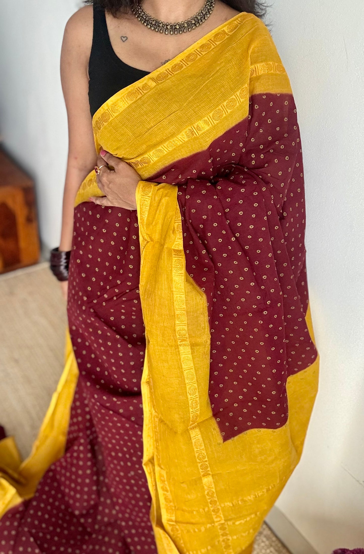 Maroon with yellow, sungudi motif and rudraksham border, madurai soft cotton - YCCOTNAUSC04