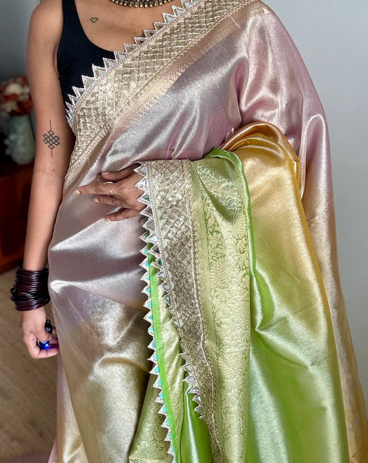 Pastel pink, green and yellow tissue Banarasi saree with embellished mirror border - YCBLTOC73