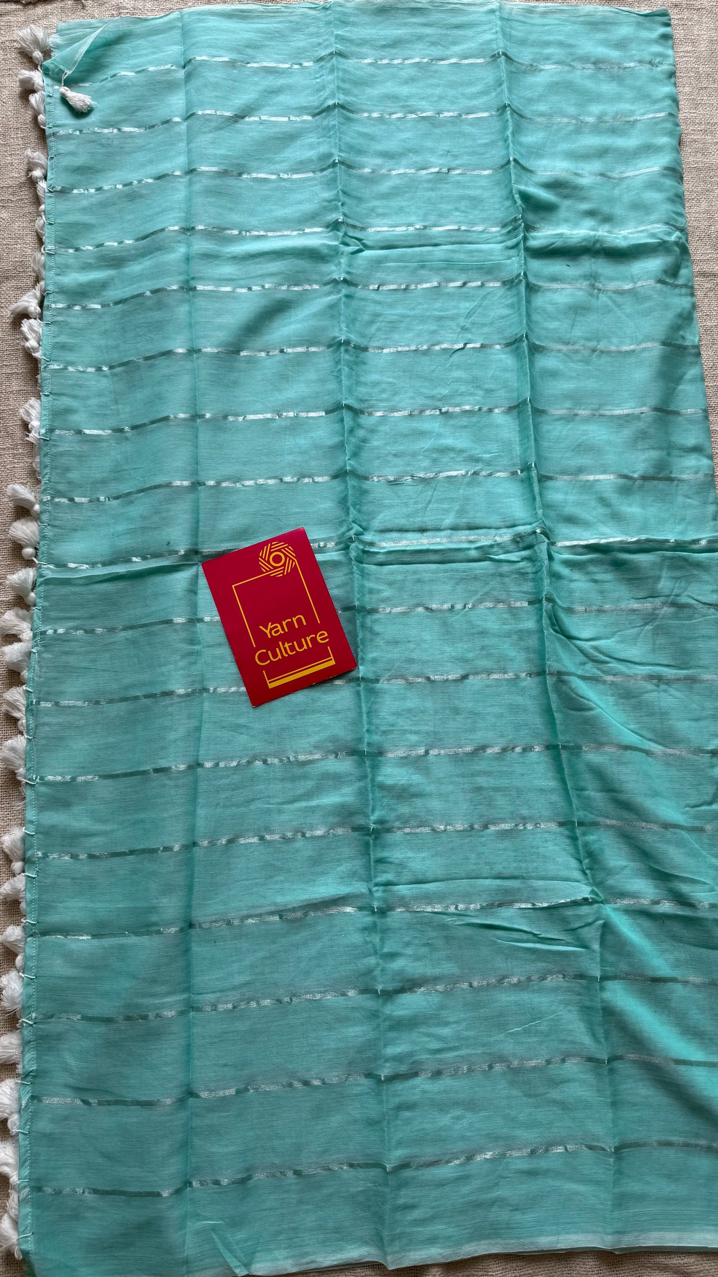 Aqua Frost - pastel aqua blue with silver zari stripes, mul cotton - YCBCJULMS07