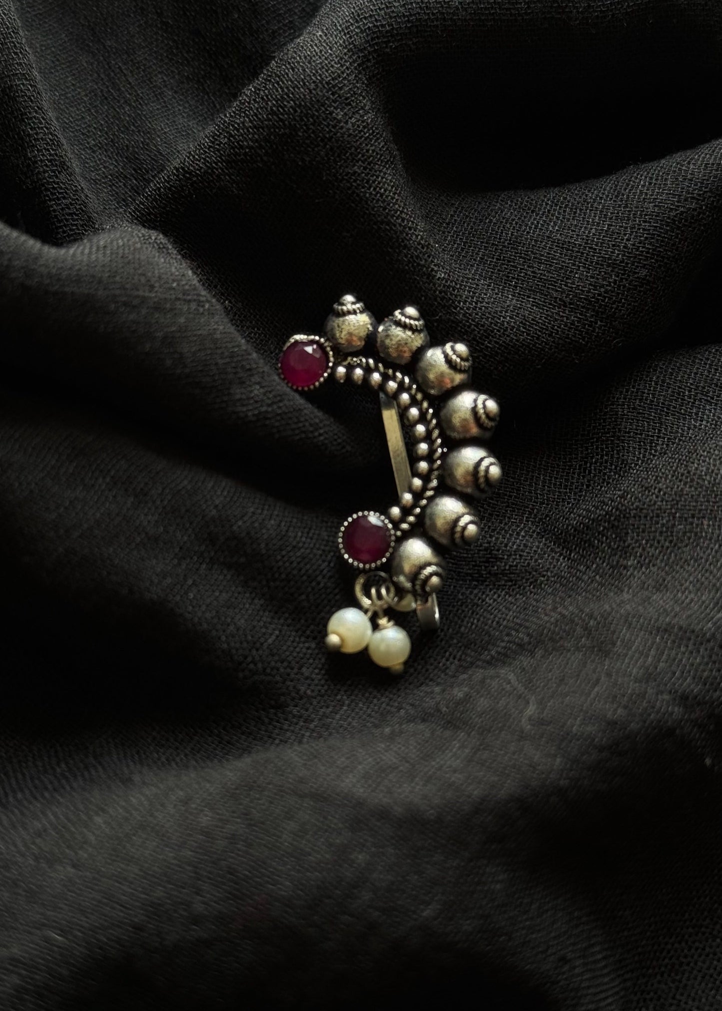 Oxidised silver, ruby stone, clip on Maharashtrian nath - YCOSNC195