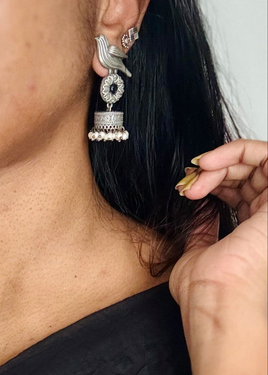 Bird Jhumka, black stone, black polished oxidised silver - YCOSEJ448