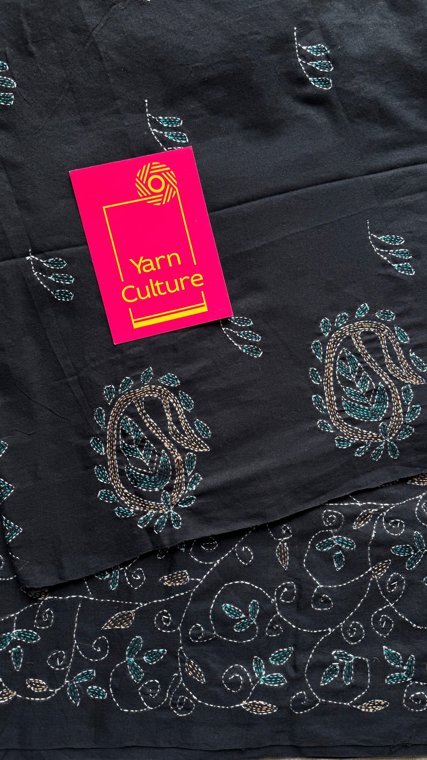 Embroidered black kantha weave in soft cotton - YCBCKKJA146