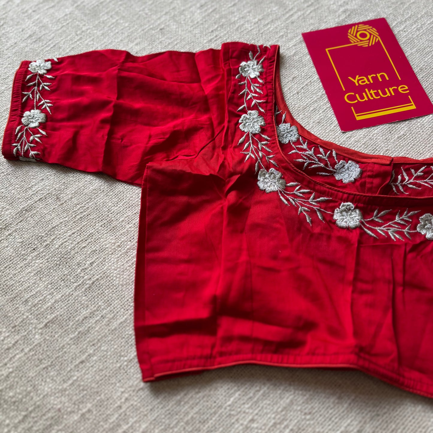 Red cotton silk with silver floral emboridery, size 36 (alterable from 34-40), readymade blouse - YCBLAU01