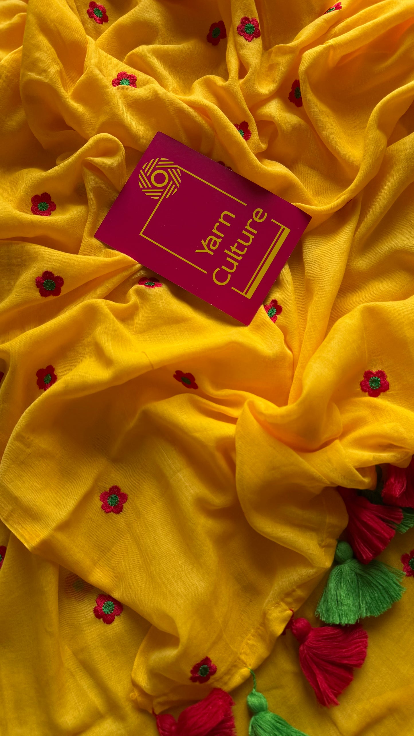 Yellow with red floral embroidered mul cotton saree - YCBCMCAP47