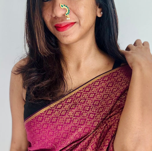 Gold plated, green coloured stone, clip on Maharashtrian nath - YCGPNC206