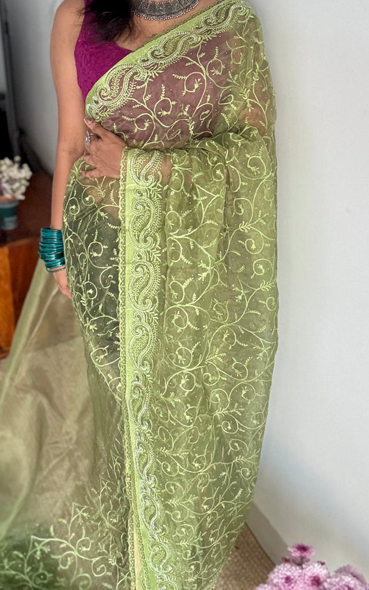 Olive Confetti - green organza, with theadwork and sequins - YCDOSNO32