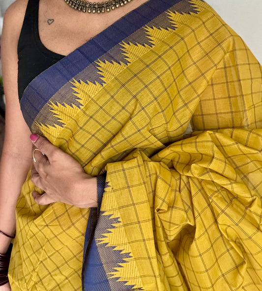 Chettinad cotton saree with lime green and navy blue checks, temple motif border - YCCOTNAP70