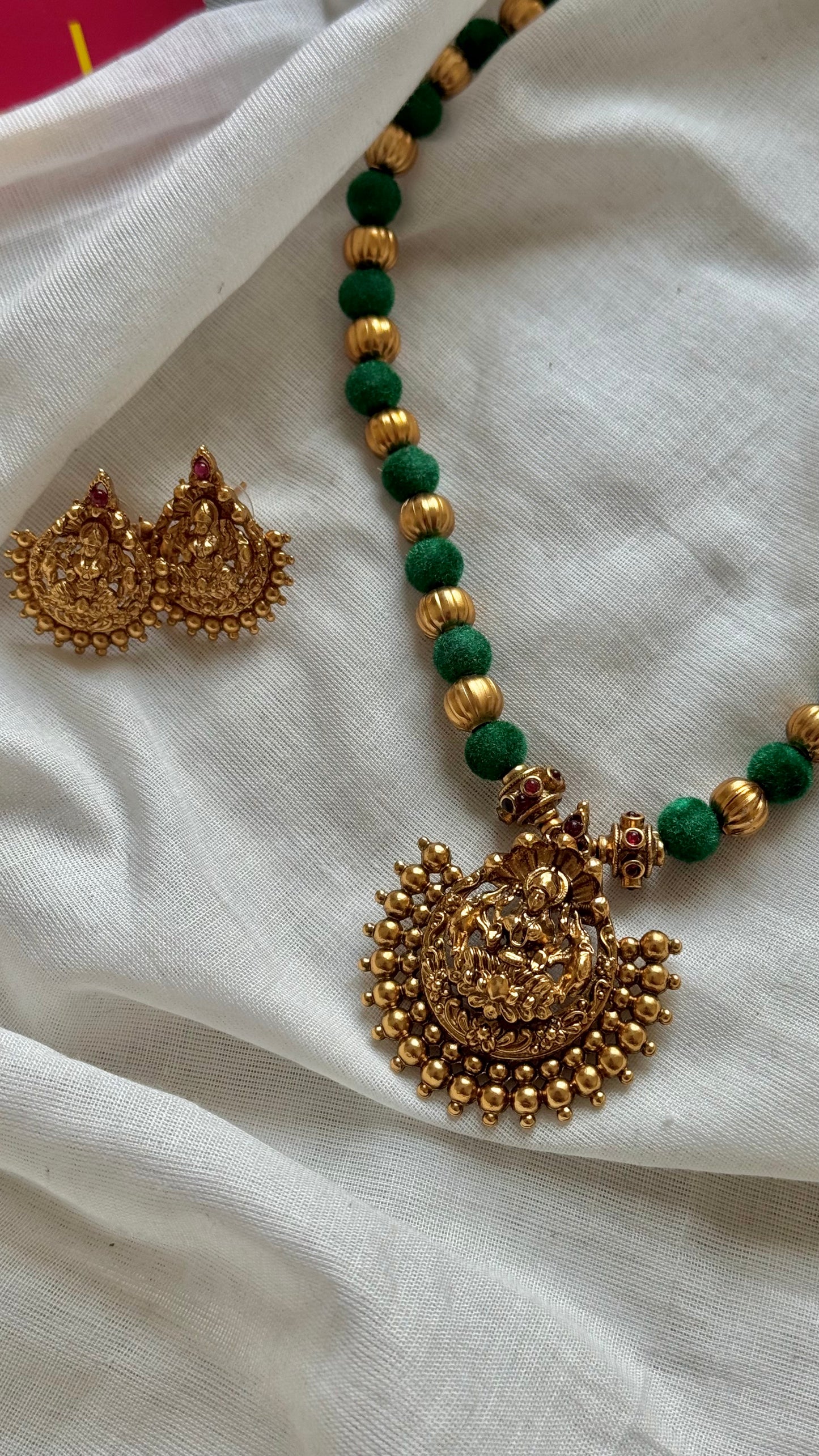 Black with gold beads, temple pendant in antique gold finish neckpiece - YCGPNP645