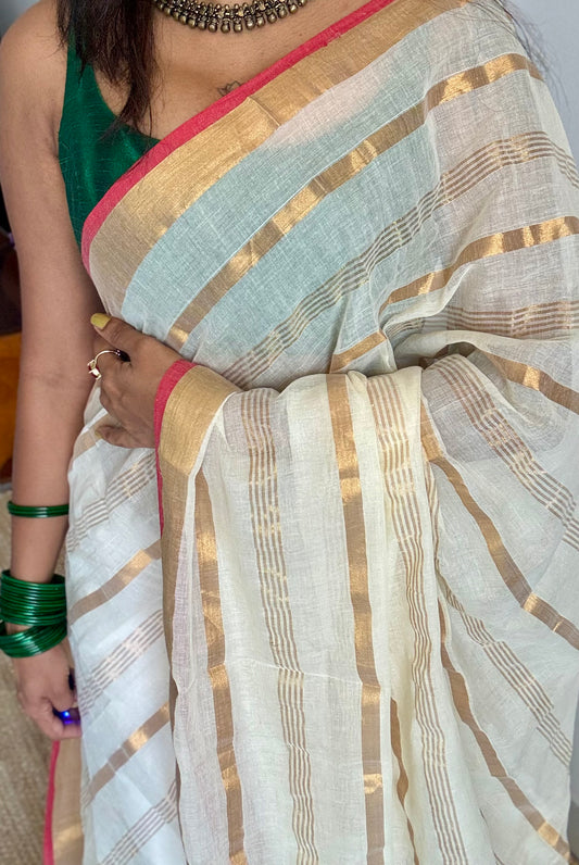 Ivory mul saree with gold stripes and red border - YCIEBCFE327