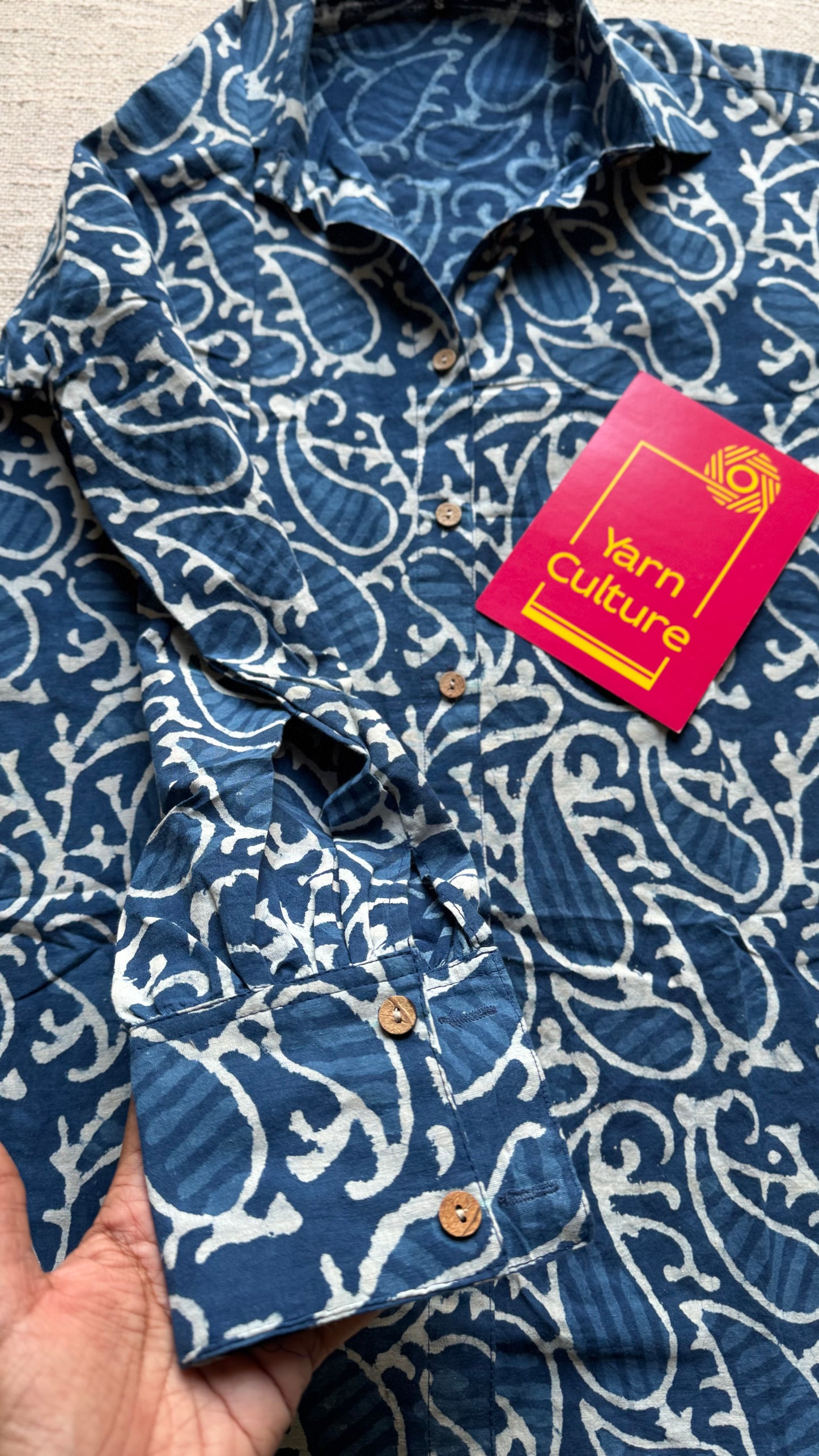 Indigo Whirl - blockprinted cotton stitched shirt, collared neck, full sleeves - YCSEBPSJA192