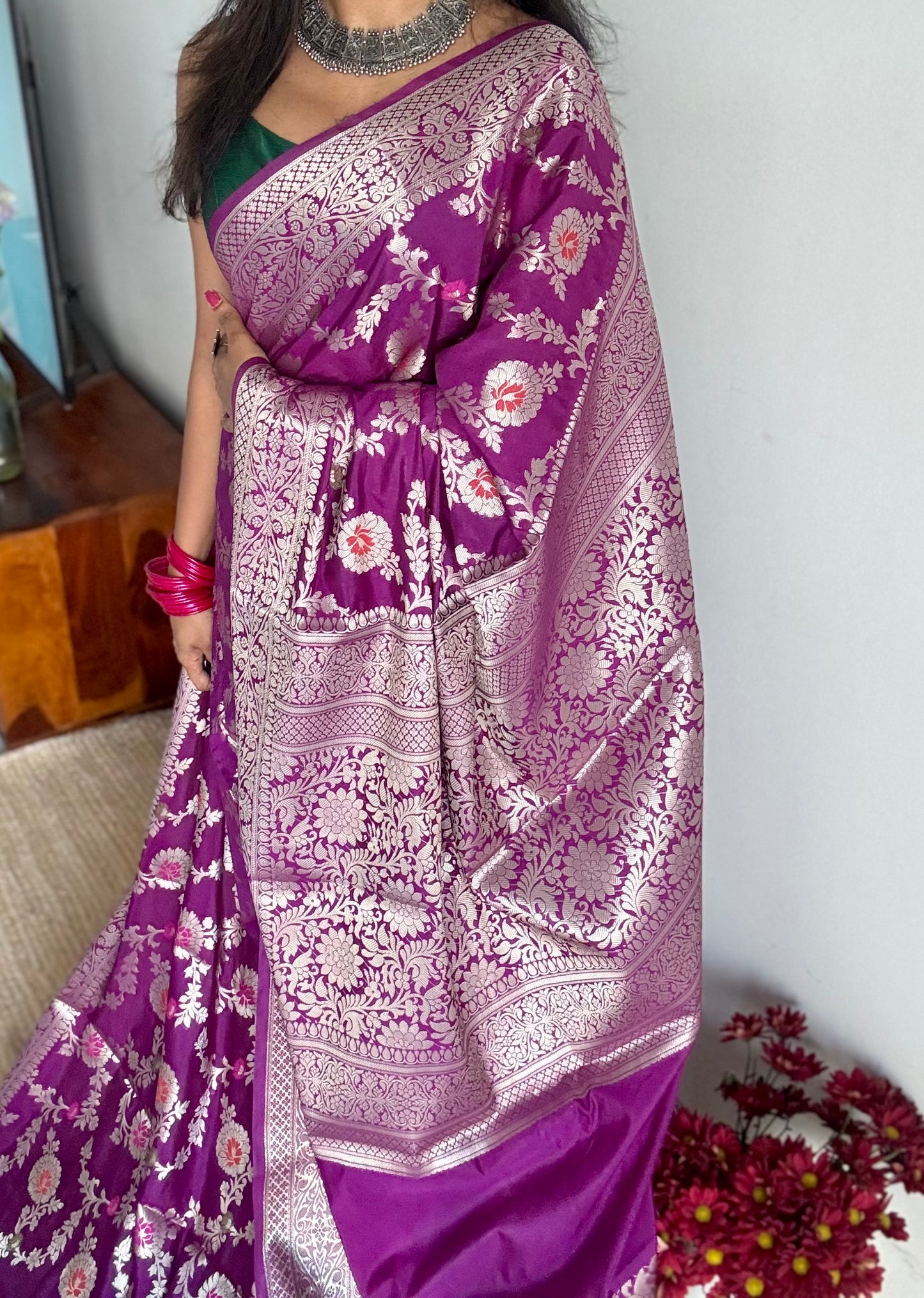 Bright purple meenakari floral pattern in silver zari, Banarasi katan dupion silk - YCDESE10