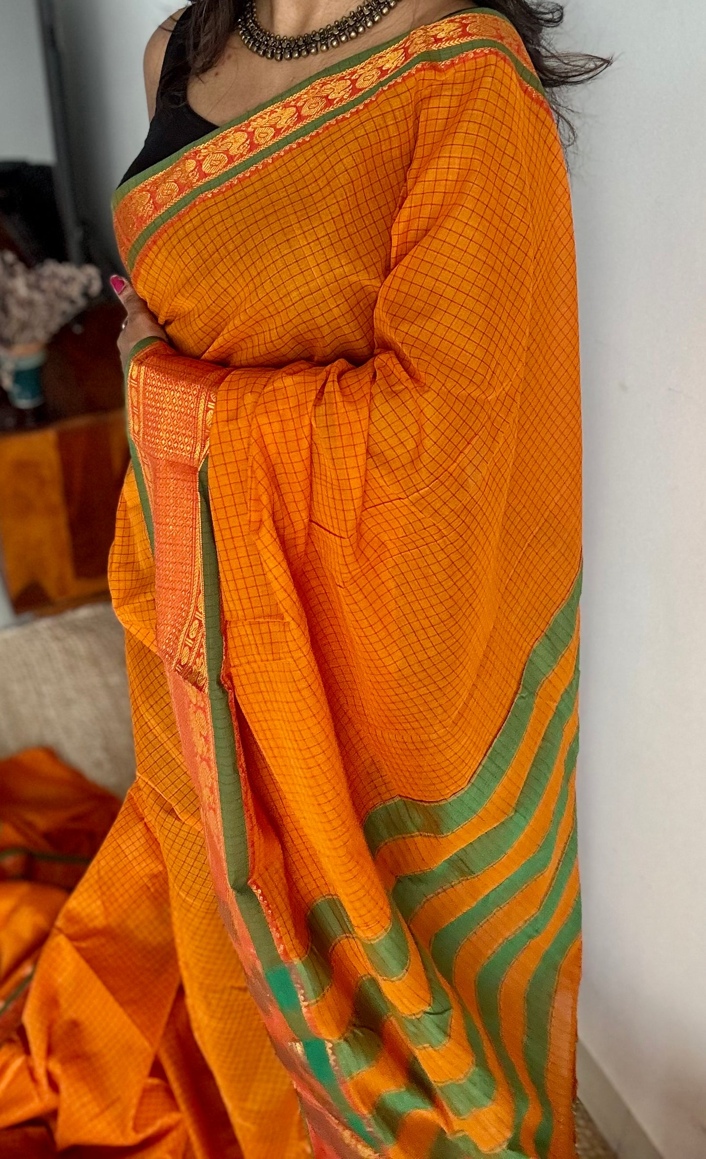 Yellowish orange checks with zari border, premium narayanpet, soft cotton - YCWOTDOCNP02