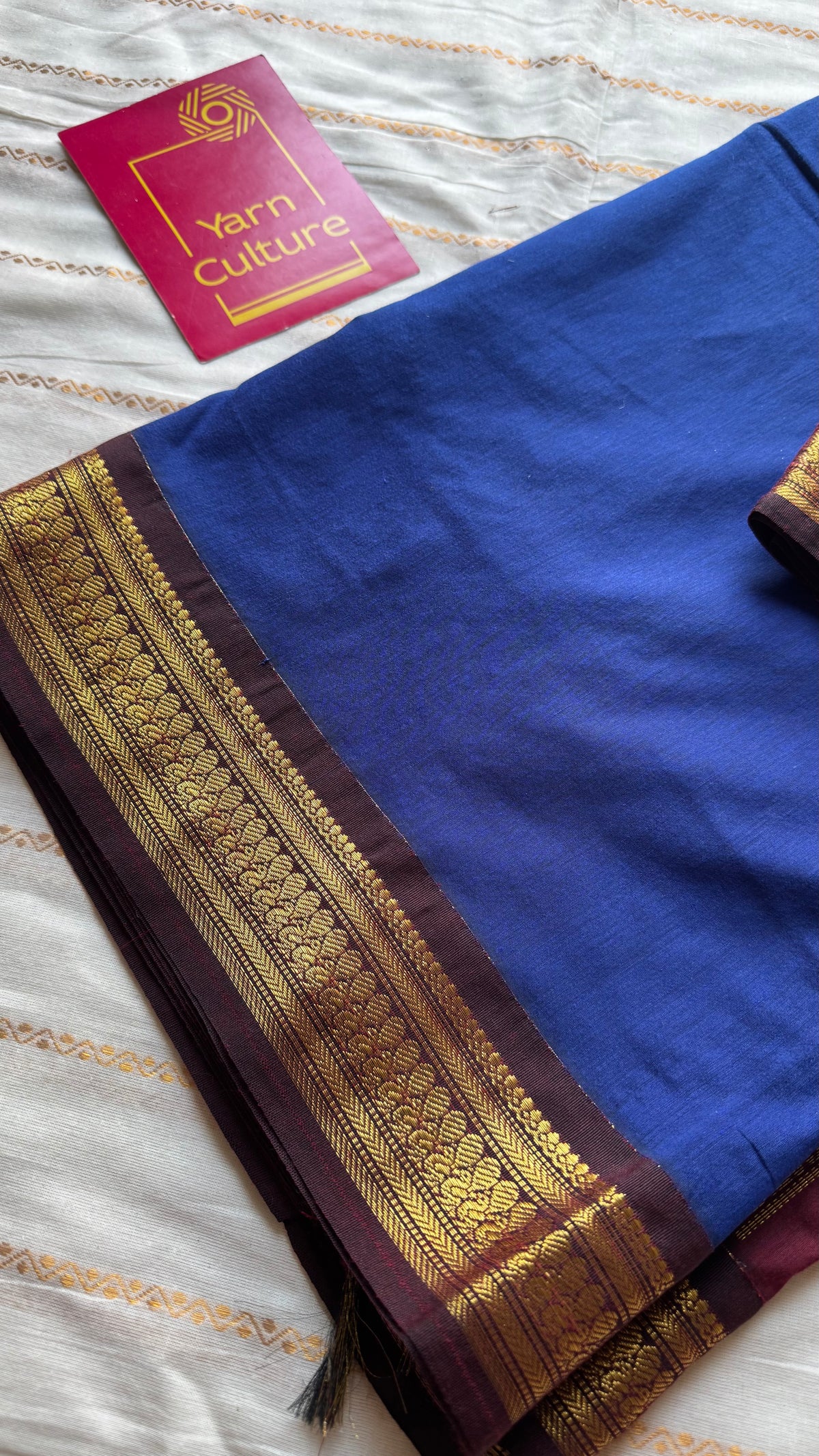 Royal blue with brown, cotton silk saree with zari border - YCCOTNKCOC106