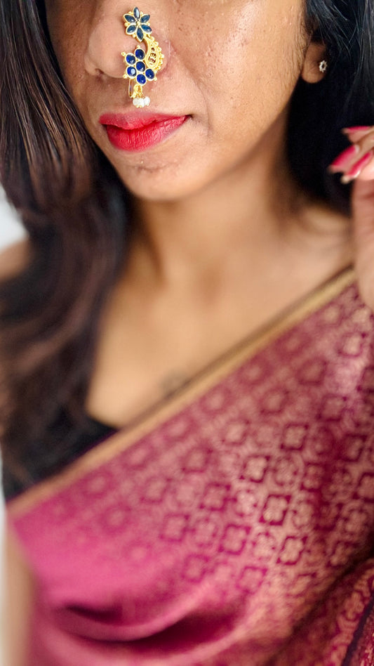 Gold plated, dark blue coloured stone, clip on Maharashtrian nath - YCGPNC208