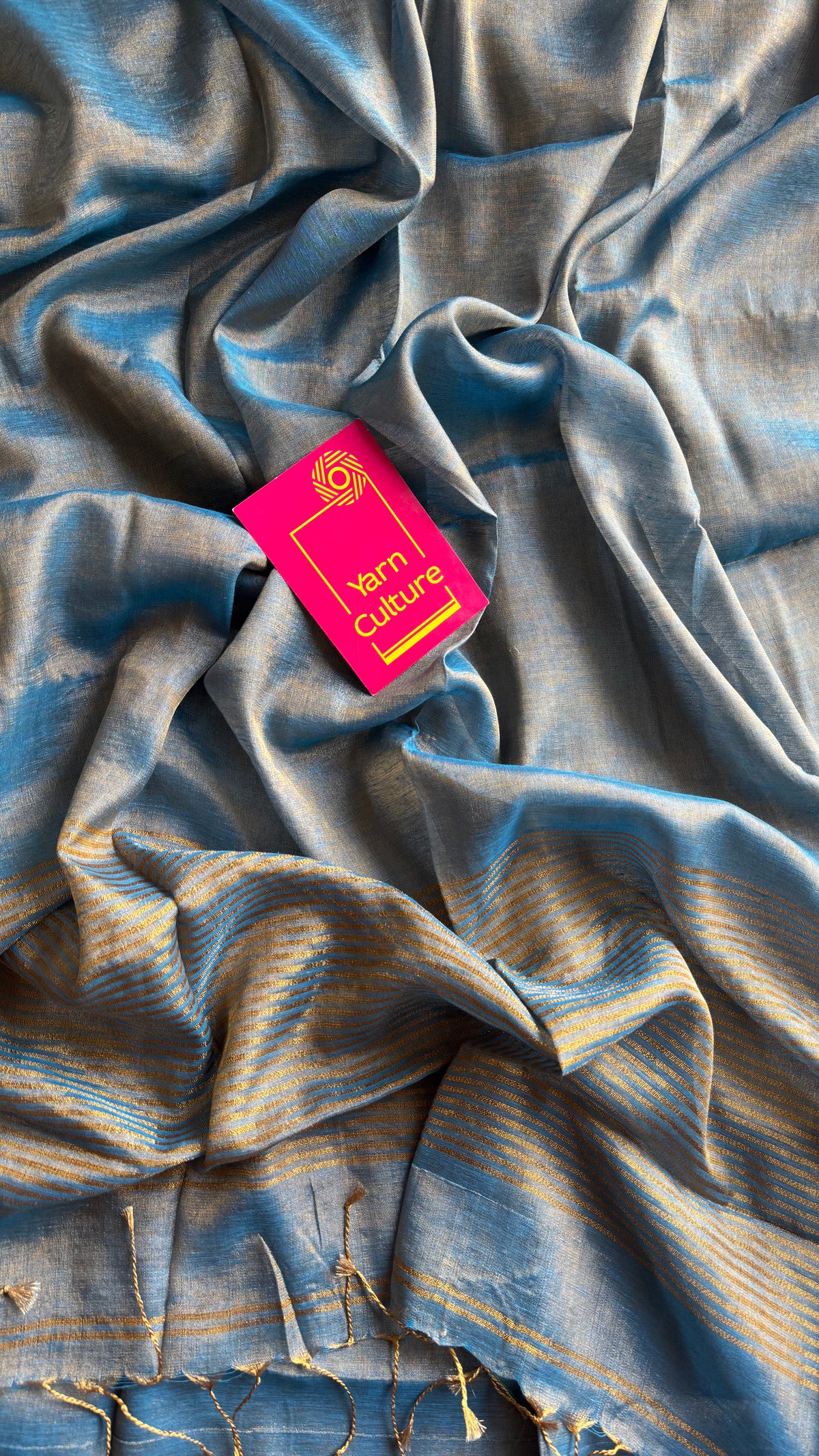 Teal blue with gold, dual tone metallic tissue linen saree - YCBCLTOC59