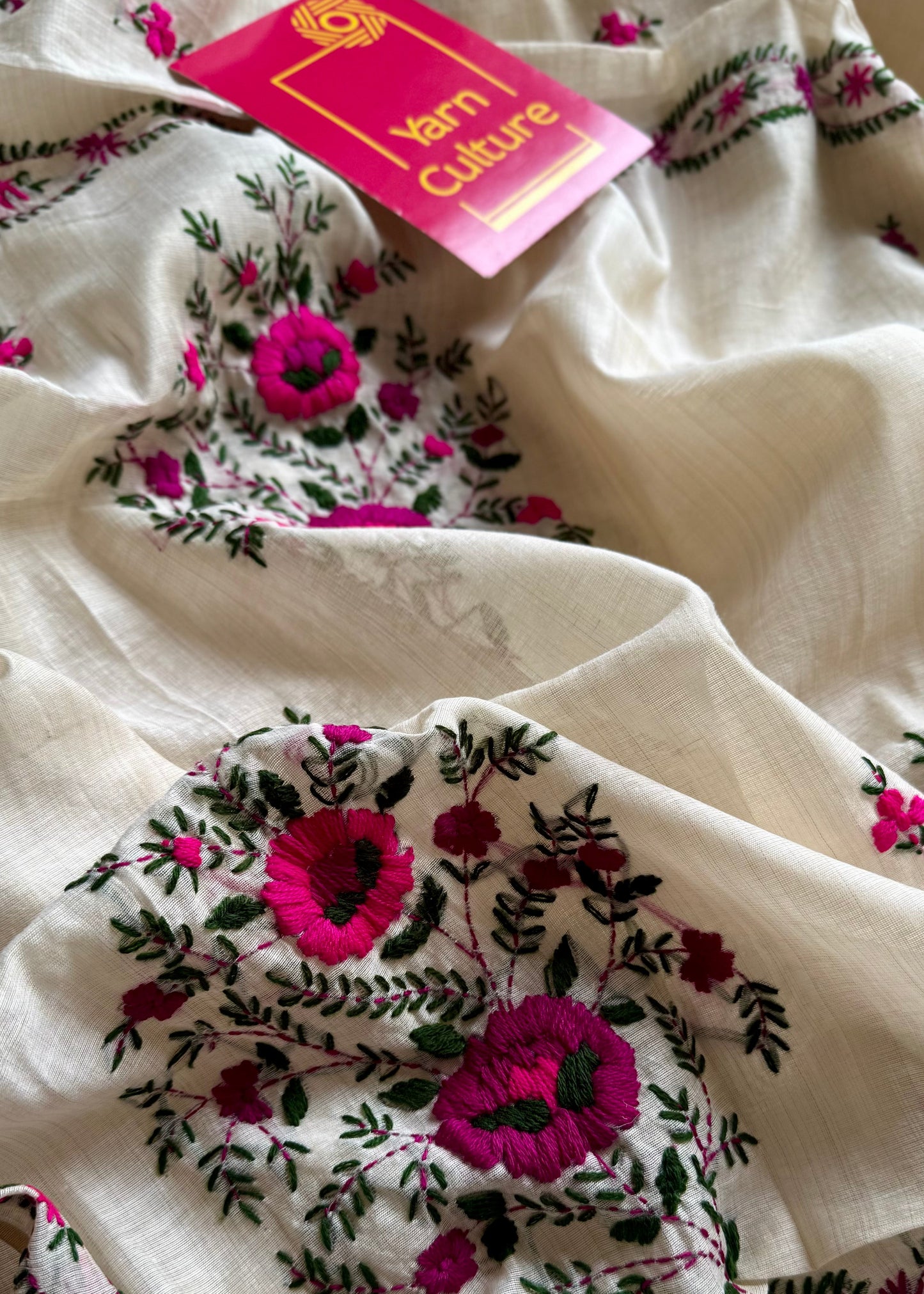 Ivory maheshwari cotton silk blend with purple and magenta floral kantha threadwork - YCBLAUMK08