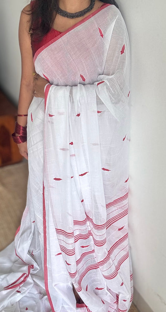 White with red border, jamdani motifs, mul cotton - YCBCDP13