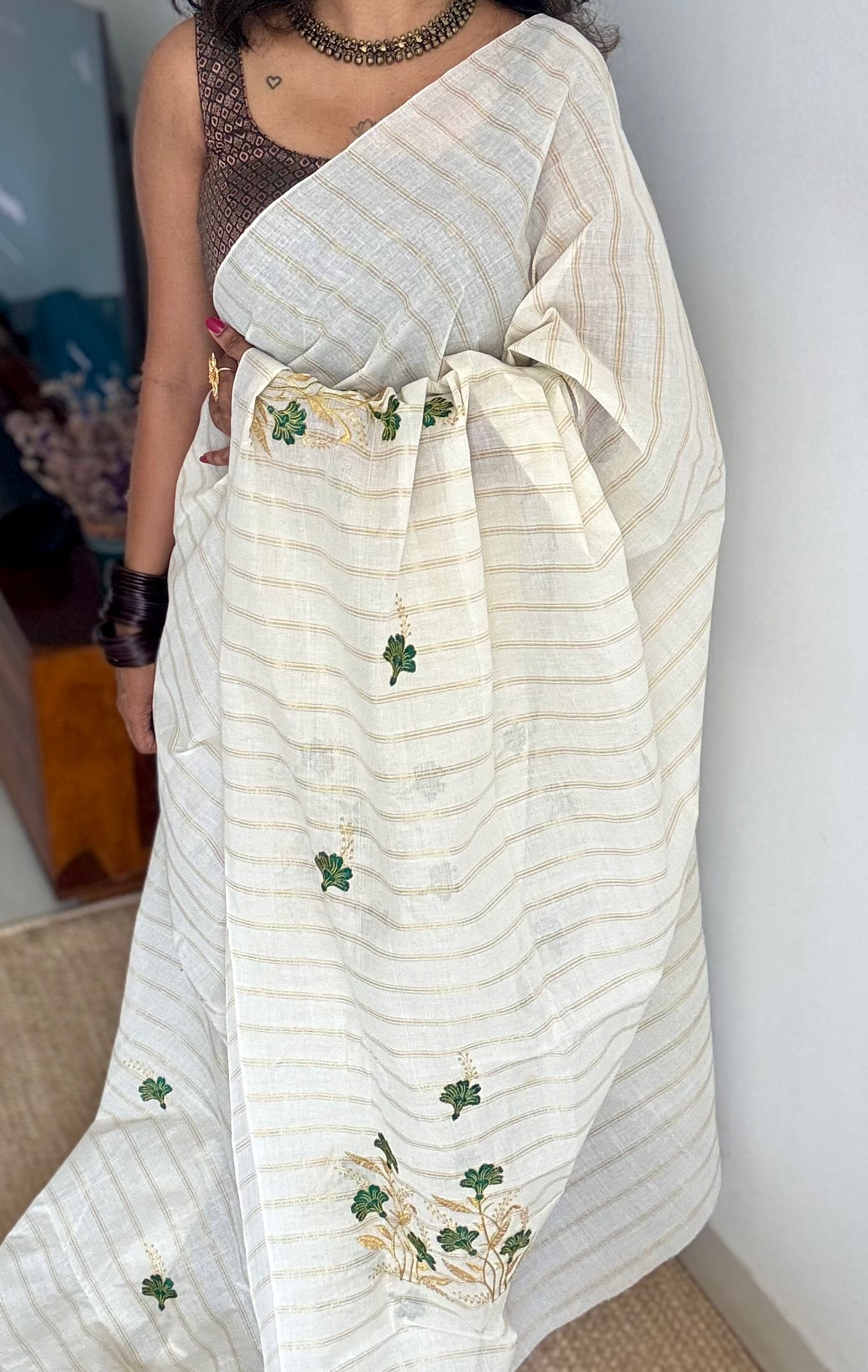 Ivory and gold with green flower embroidery, striped zari, kerala cotton - YCON25KCSFE260