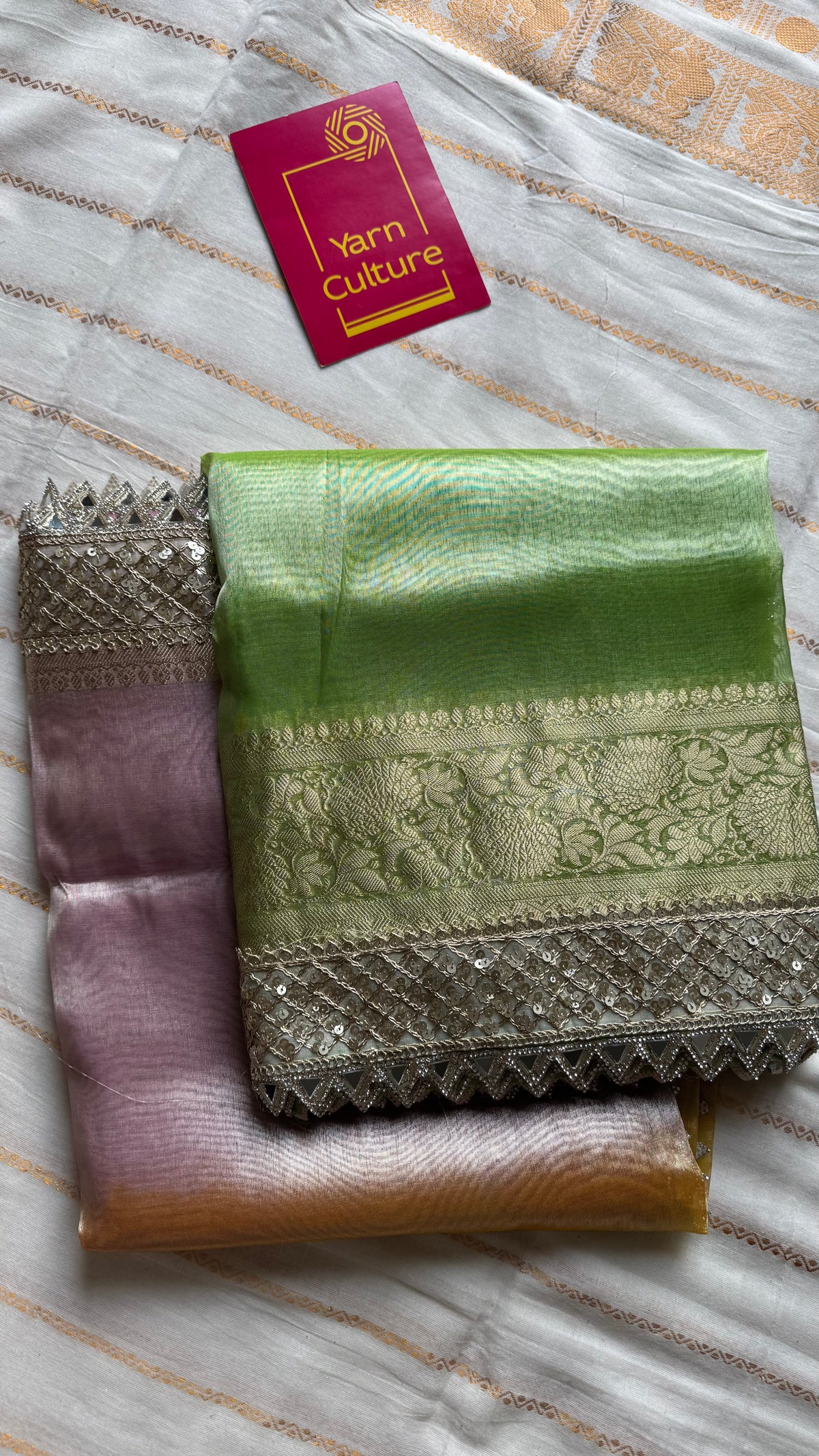 Pastel pink, green and yellow tissue Banarasi saree with embellished mirror border - YCBLTOC73